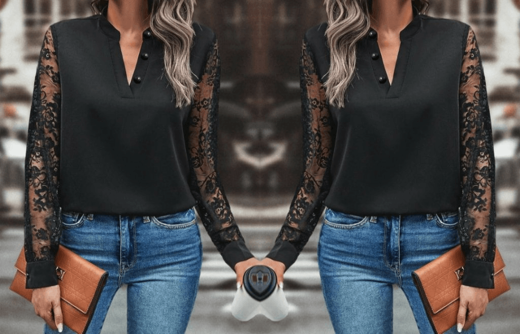 Women's Long Sleeve Crepe Blouse with Button Detail and Lace Sleeves - Janes - by Peralane - photo 3