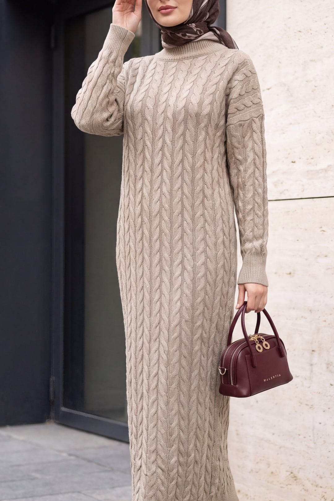 Cable Knit Sequin Knit Dress - Mink - Podyumplus - by Peralane