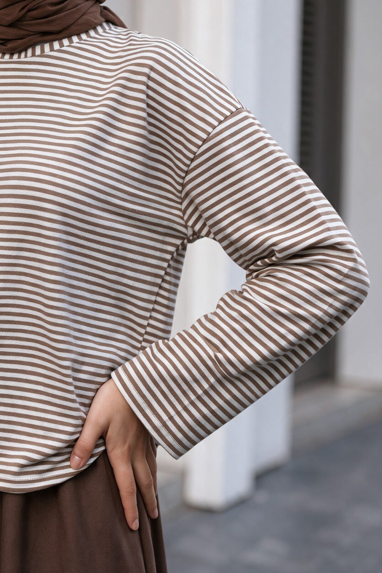 Crew Neck Striped Viscose Sweatshirt - Light Brown - Podyumplus - by Peralane - photo 3