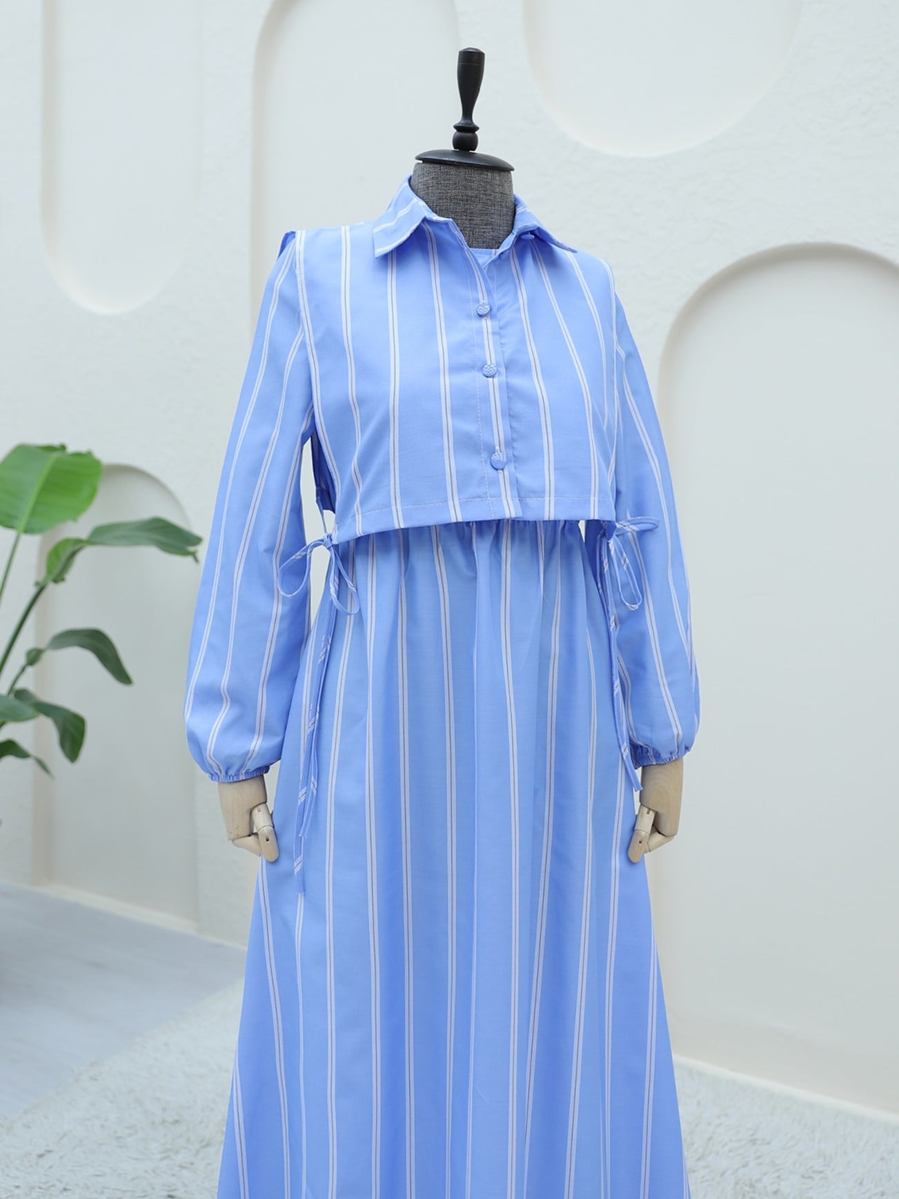 Striped Long Maxi Dress with Shirt Collar and Bolero Detail - Blue - Podyumplus - by Peralane - photo 5