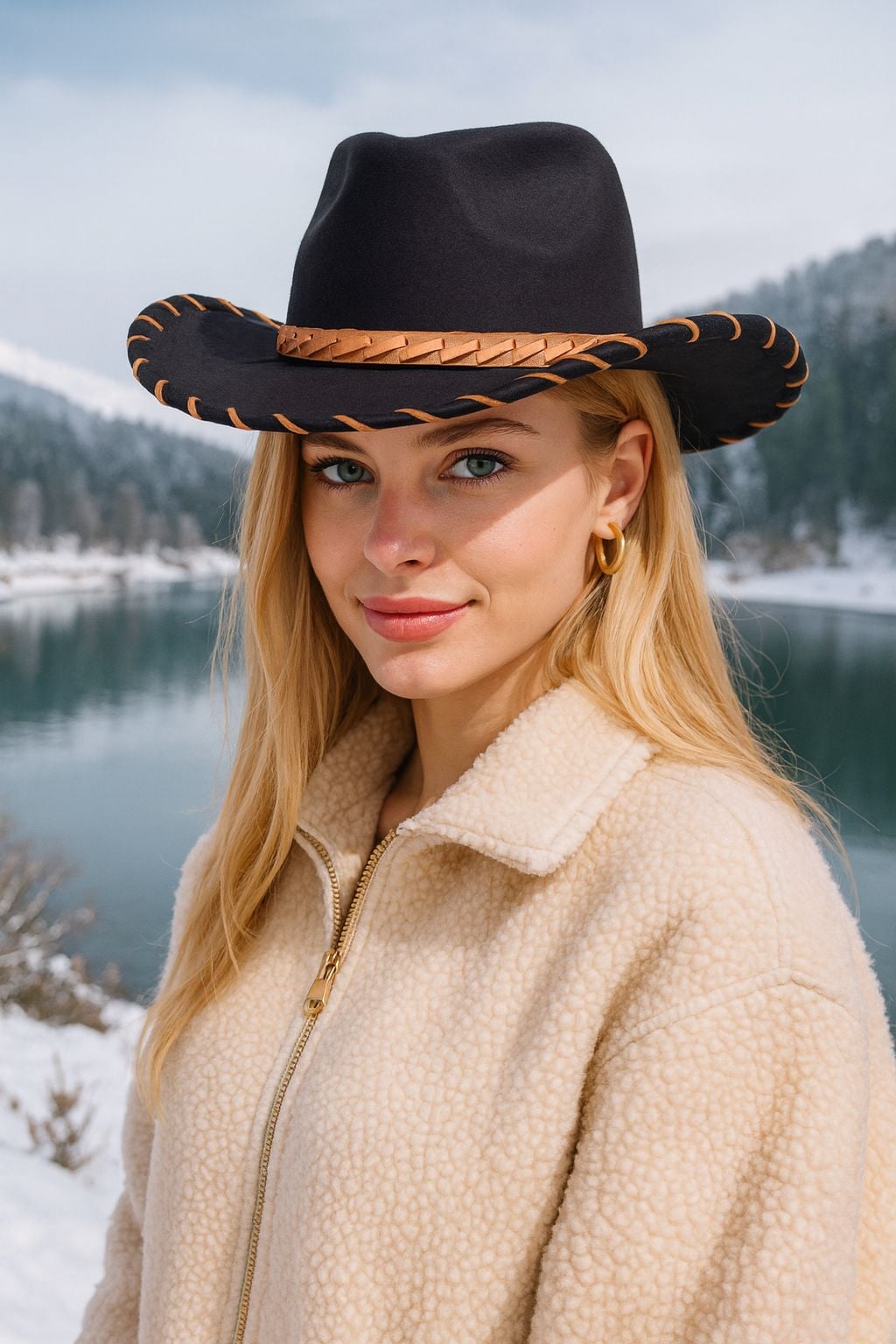 Black Felt Cowboy Hat with Braided Trim for Women - Nesvay - by Peralane