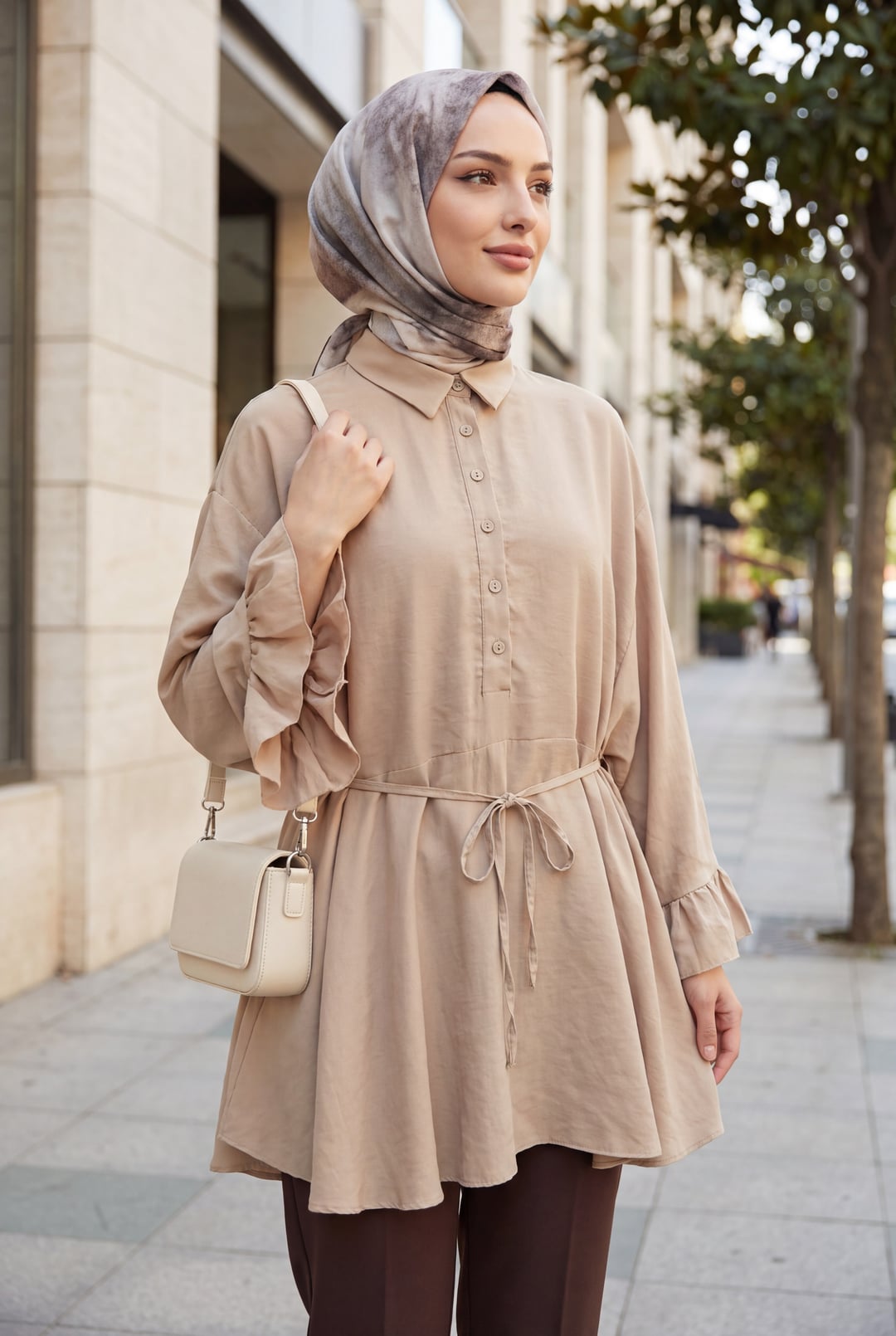 Buttoned Belted Batwing Sleeve Flounced Oversize Modal Tunic - Mink - Podyumplus - by Peralane