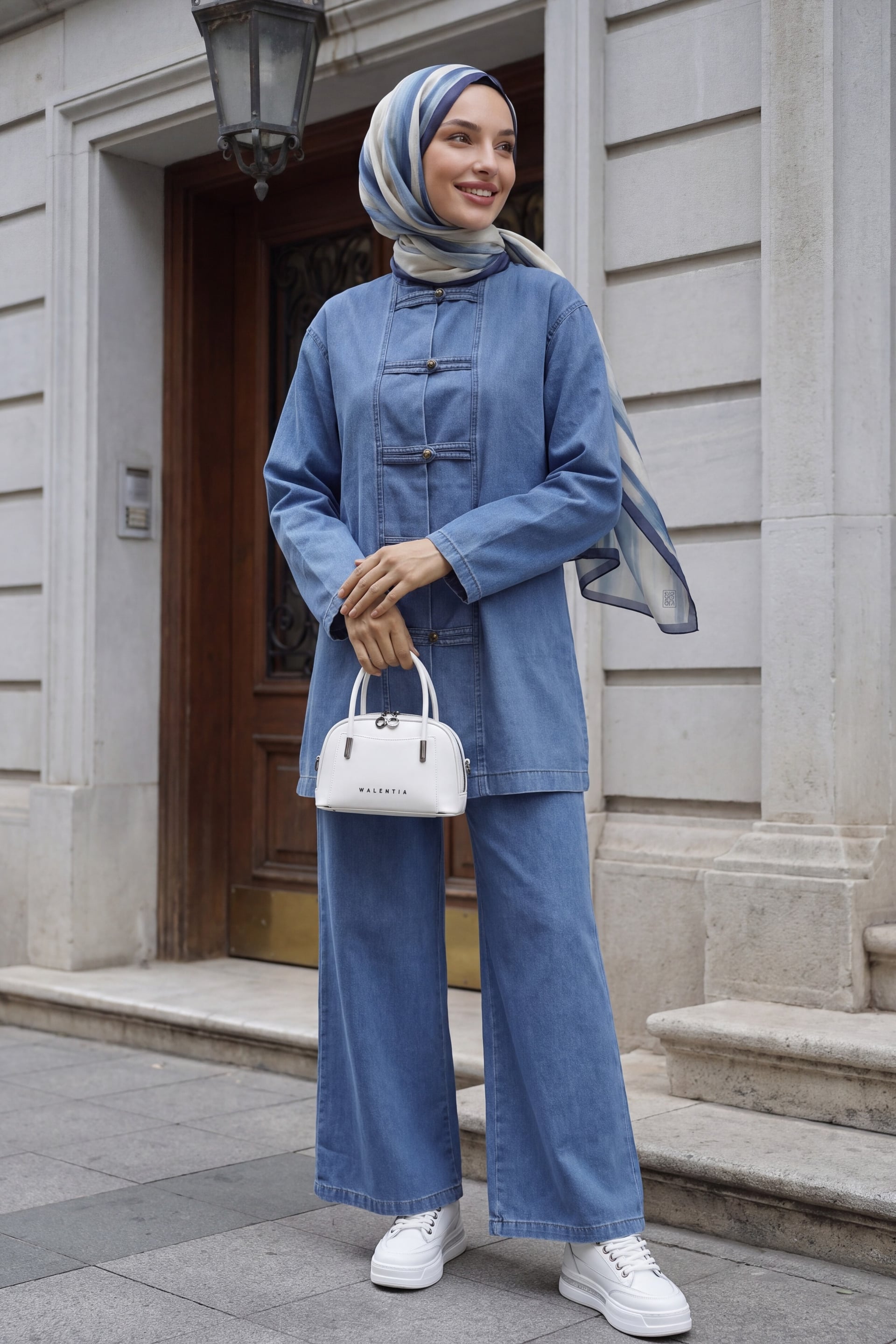 Blue Denim Mandarin Collar Tunic and Wide-Leg Trousers Set - Podyumplus - by Peralane - photo 4
