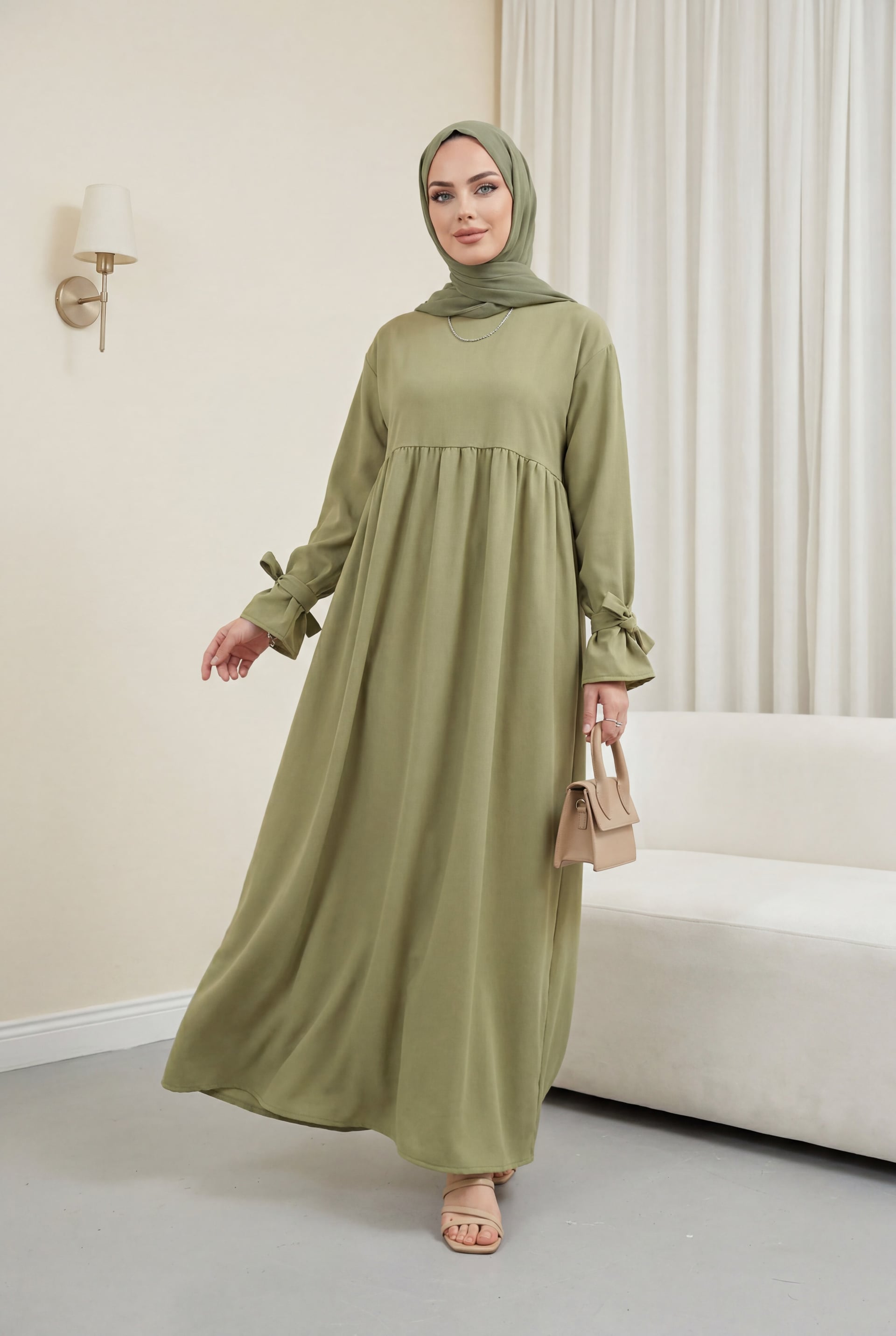 Women's Long Double-Fabric Dress with Laced Sleeves - Olive Green - Podyumplus - by Peralane