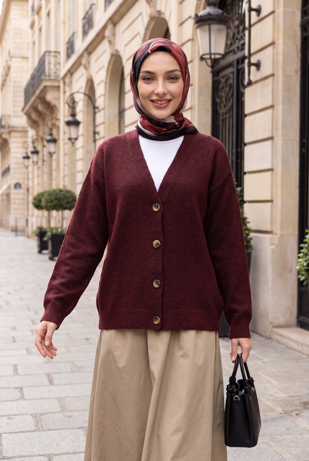 V-Neck Button-Front Cardigan - Burgundy - Podyumplus - by Peralane
