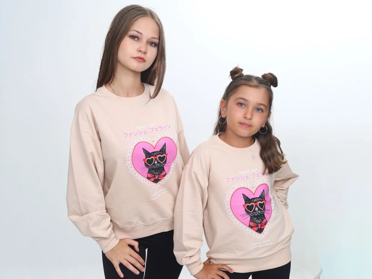 Girls' Cat Print Sweatshirt - Beige - Vizviz - by Peralane