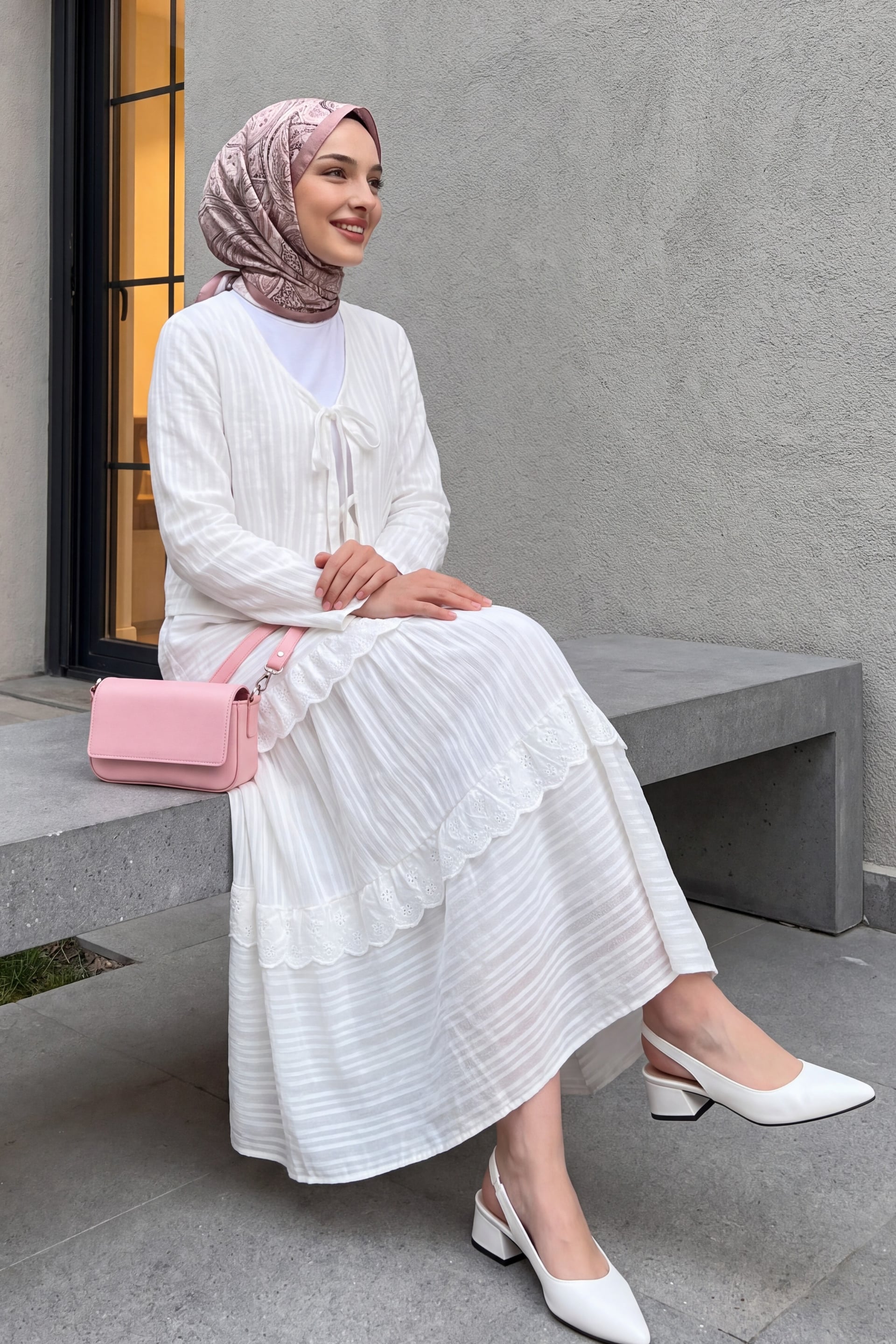 White Tie-Front Cardigan and Tiered Maxi Skirt Co-ord Set - Podyumplus - by Peralane
