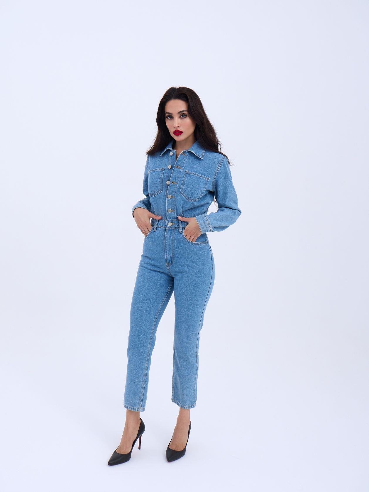 Light Blue Denim Jumpsuit with Collared Neckline - Fame - by Peralane - photo 2