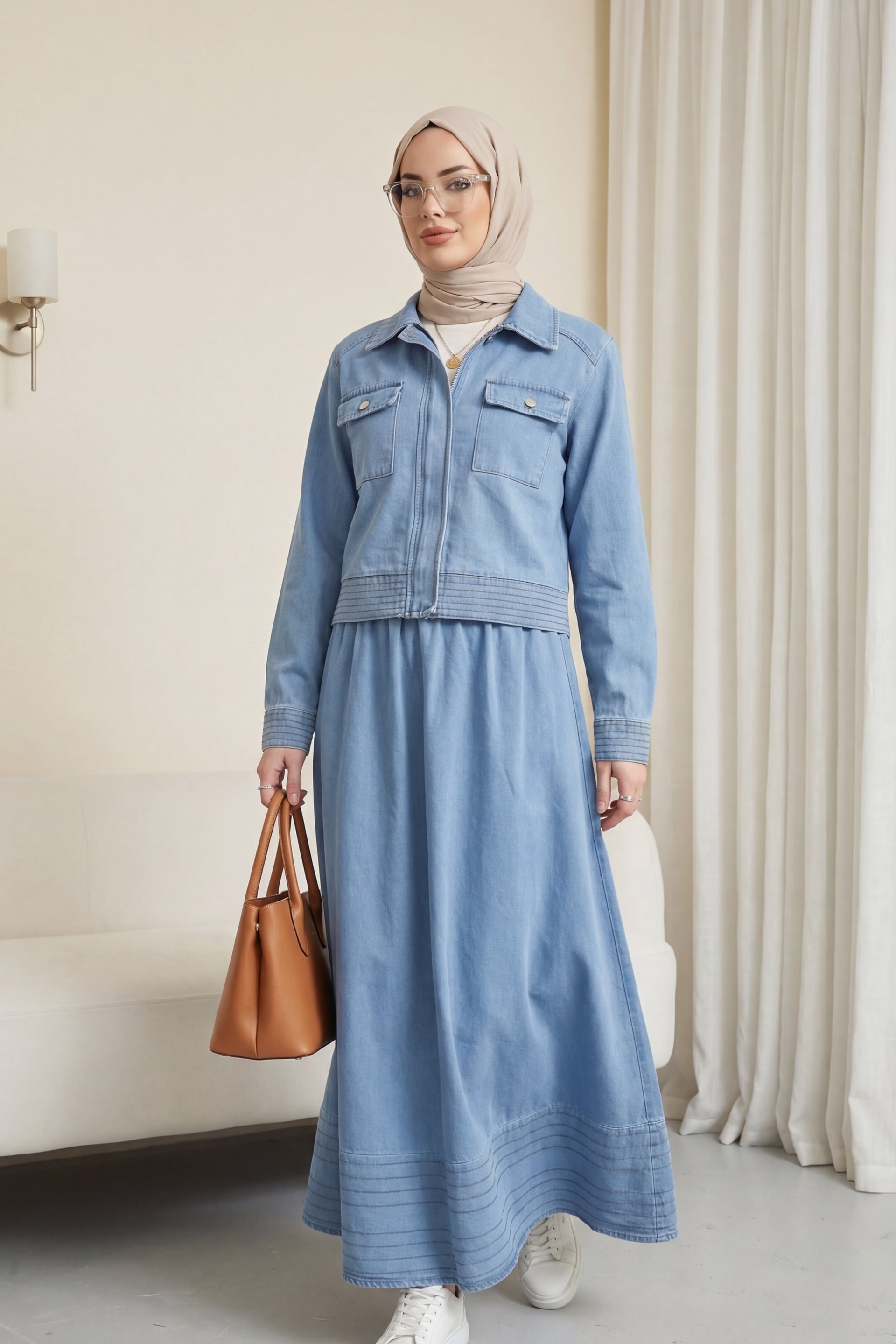 Light Blue Denim Jacket and Maxi Skirt Co-ord Set with Zip Closure - Podyumplus - by Peralane
