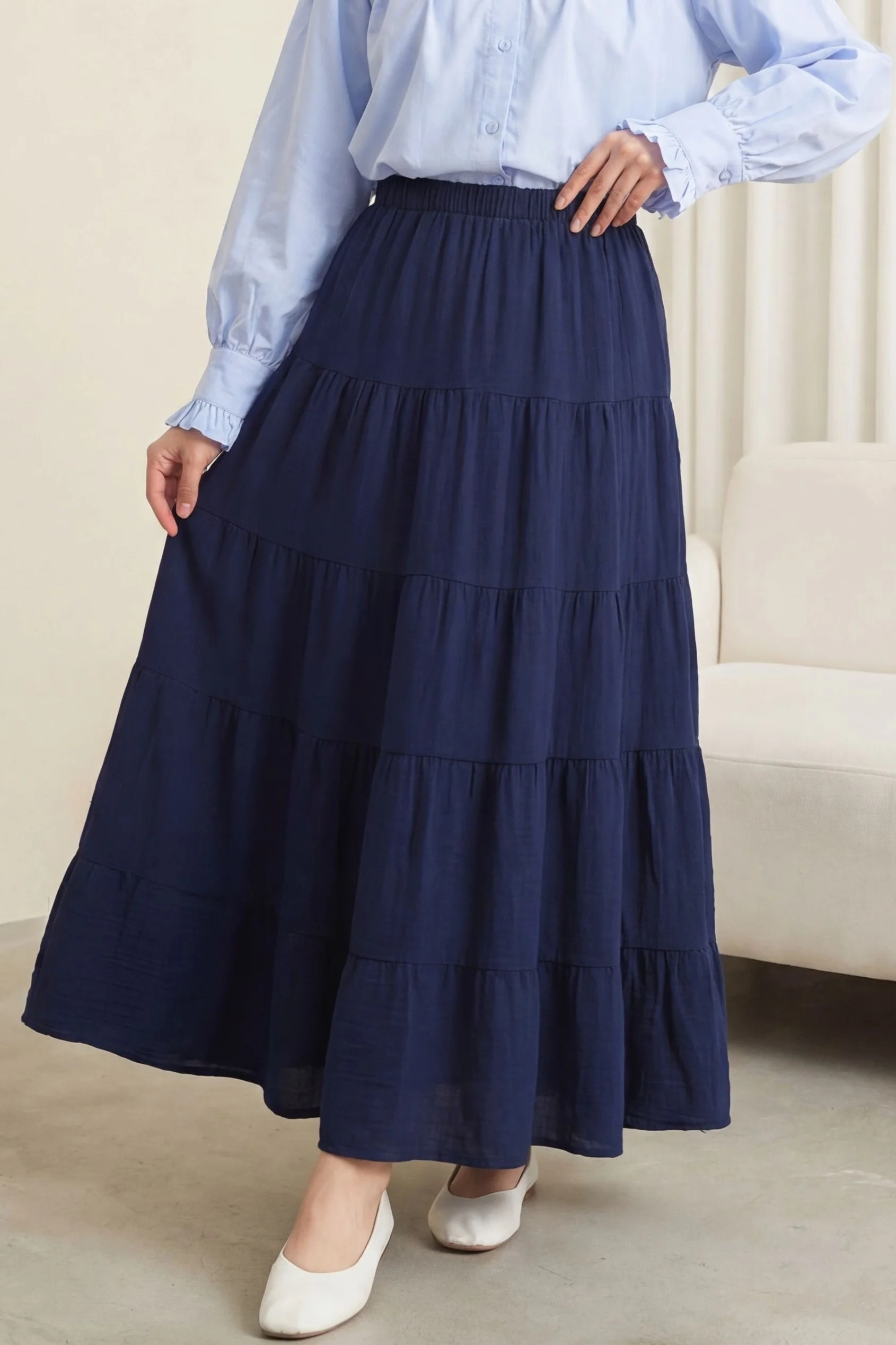 Elasticated Waist Tiered Muslin Maxi Skirt - Navy Blue - Podyumplus - by Peralane