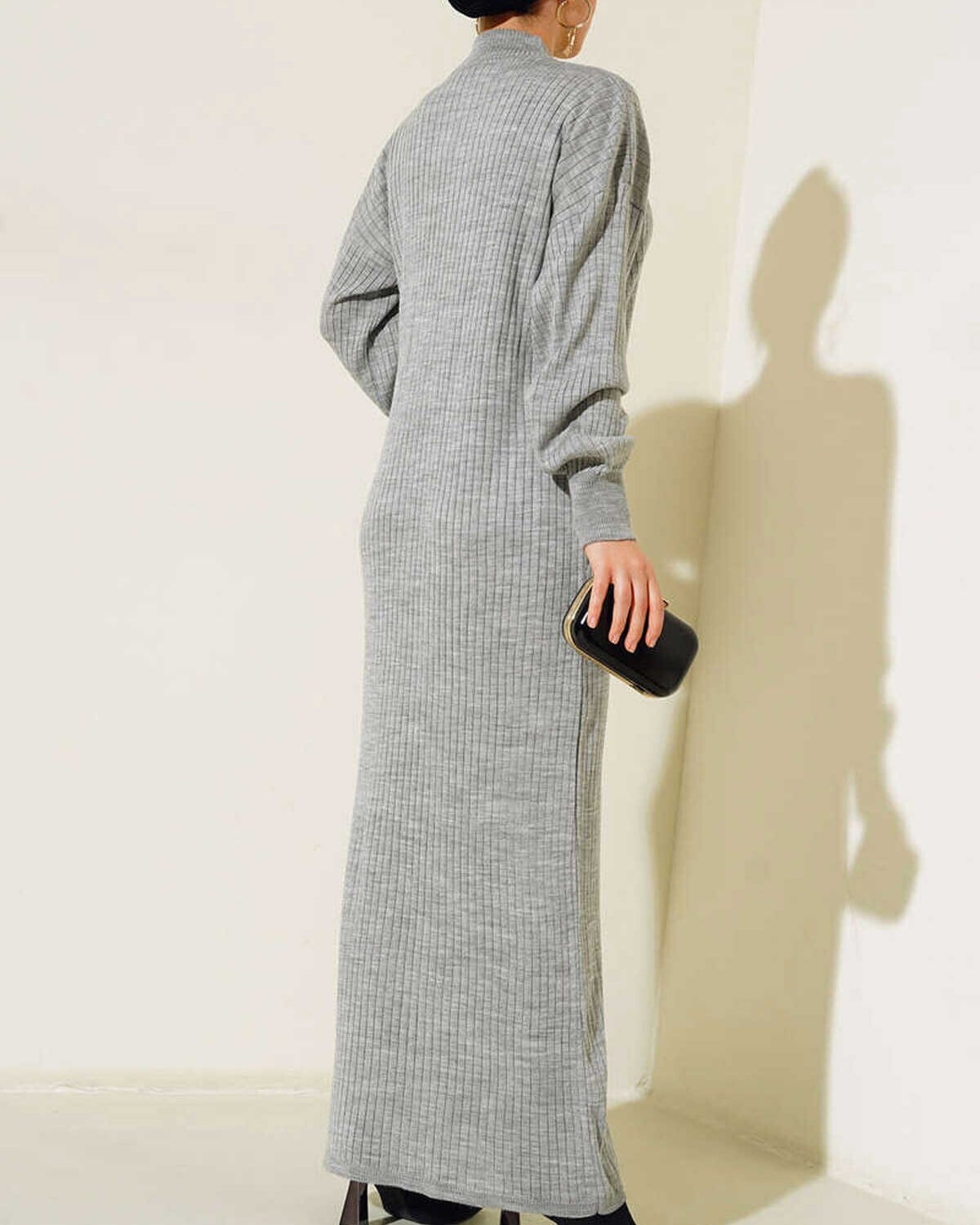 Grey Ribbed Knit Maxi Dress with High Neck and Long Sleeves - Bigdart - by Peralane - photo 3