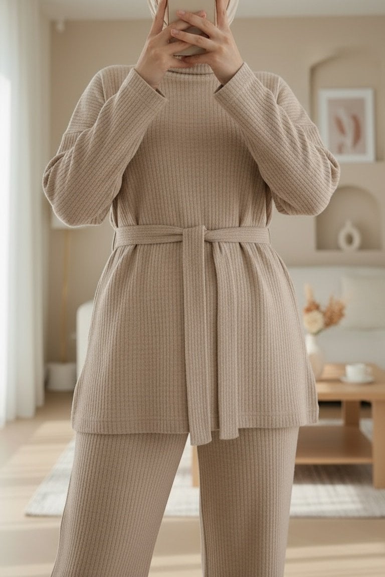 Half Turtleneck Tie-Belt Ribbed Lounge Set - Beige - Podyumplus - by Peralane