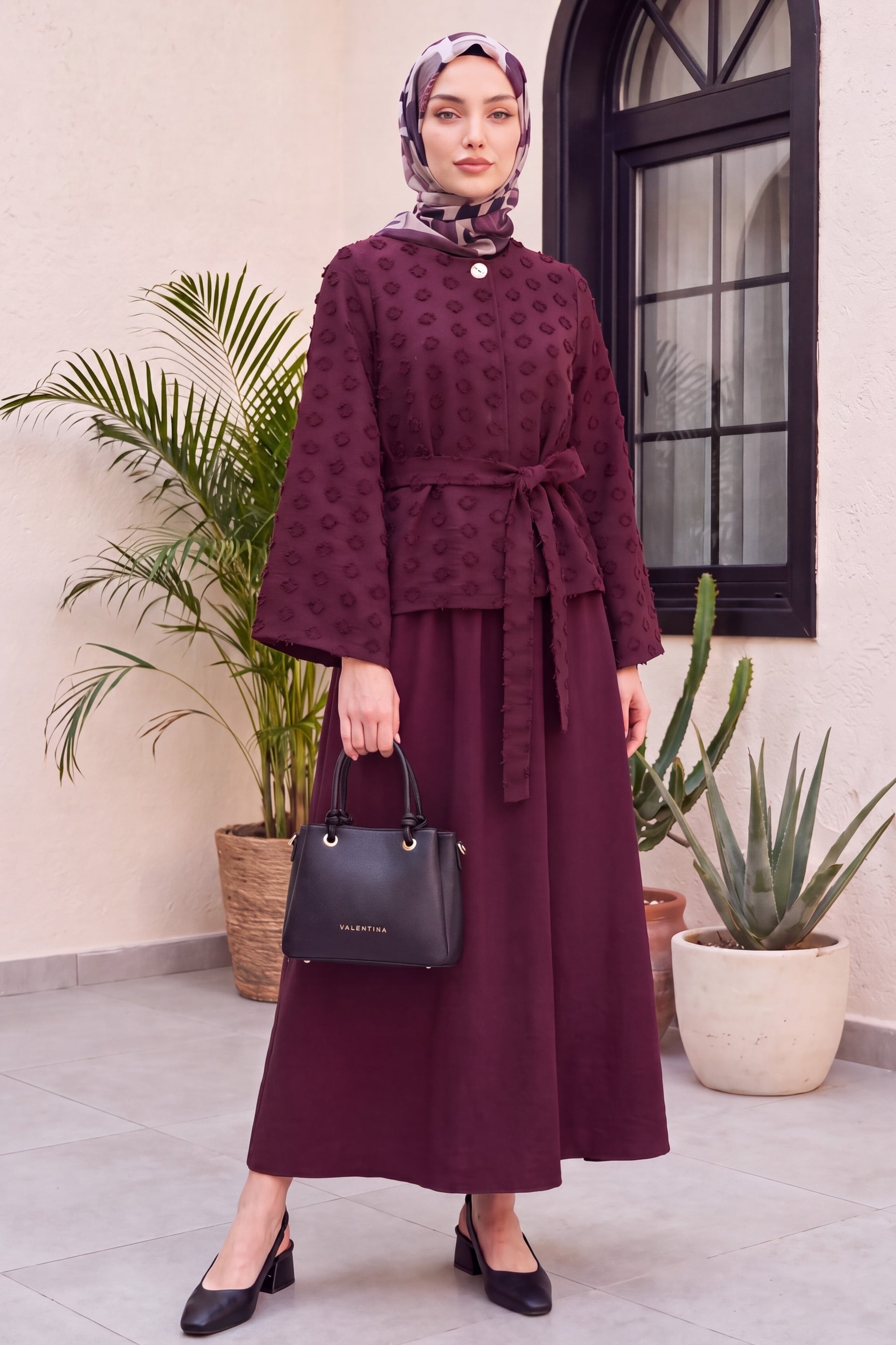 Deep Plum Textured Jacquard Modest Set with Skirt and Belt - Podyumplus - by Peralane