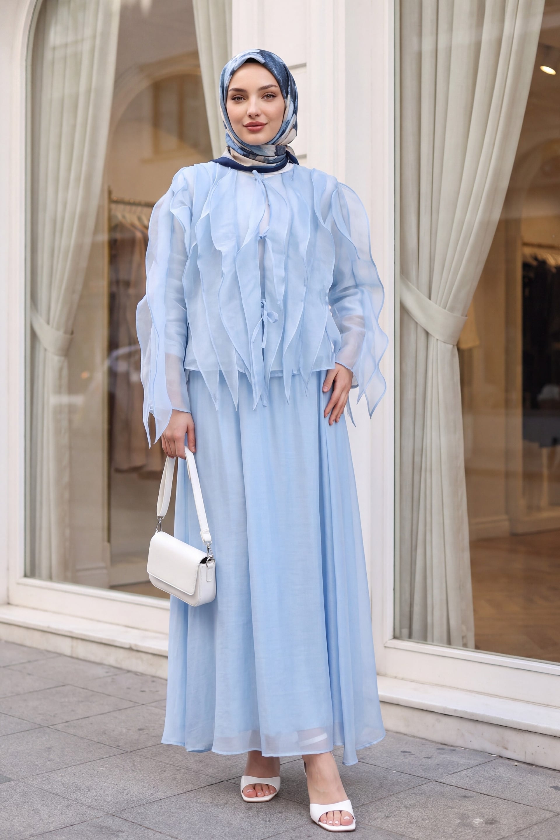 Front Tie Ruffled Lined Asymmetric Cut Cupro Set - Baby Blue - Podyumplus - by Peralane - photo 2