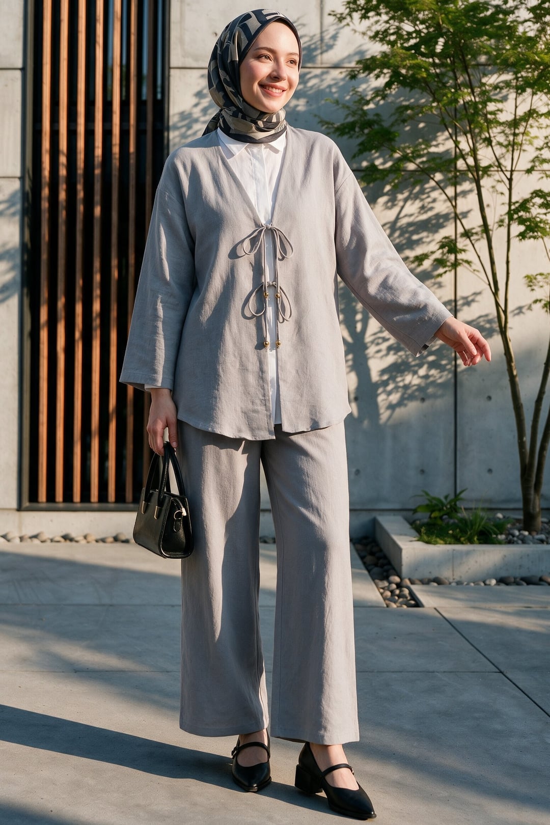 Grey Double-Tie Front Kimono Set with Wide-Leg Trousers - Podyumplus - by Peralane