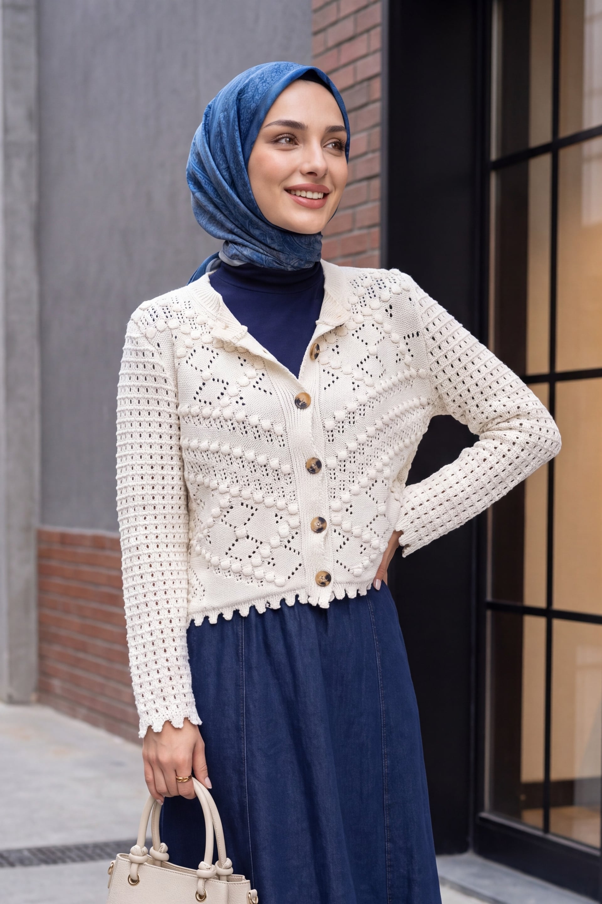 Pom-Pom Detail Open-Knit Button-Front Cardigan - Ecru - Podyumplus - by Peralane - photo 2