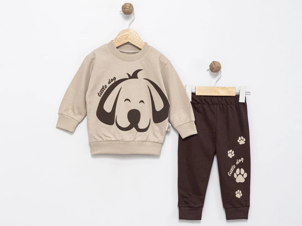 Brown Dog Print Baby Boy Set - Long Sleeve Top and Trousers - Feely Kids - by Peralane