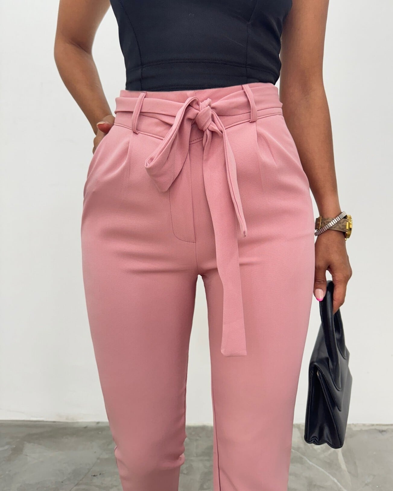 Women's High-Waist Tapered Trousers with Belt - Powder Pink - Podyumplus - by Peralane - photo 6