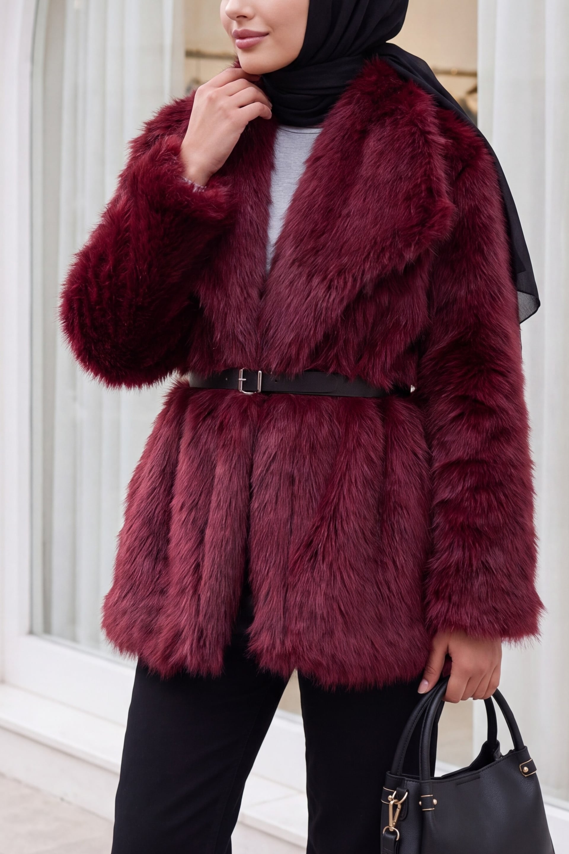 Women's Oversized Faux Fur Coat with Belt - Bordeaux - Bigdart - by Peralane
