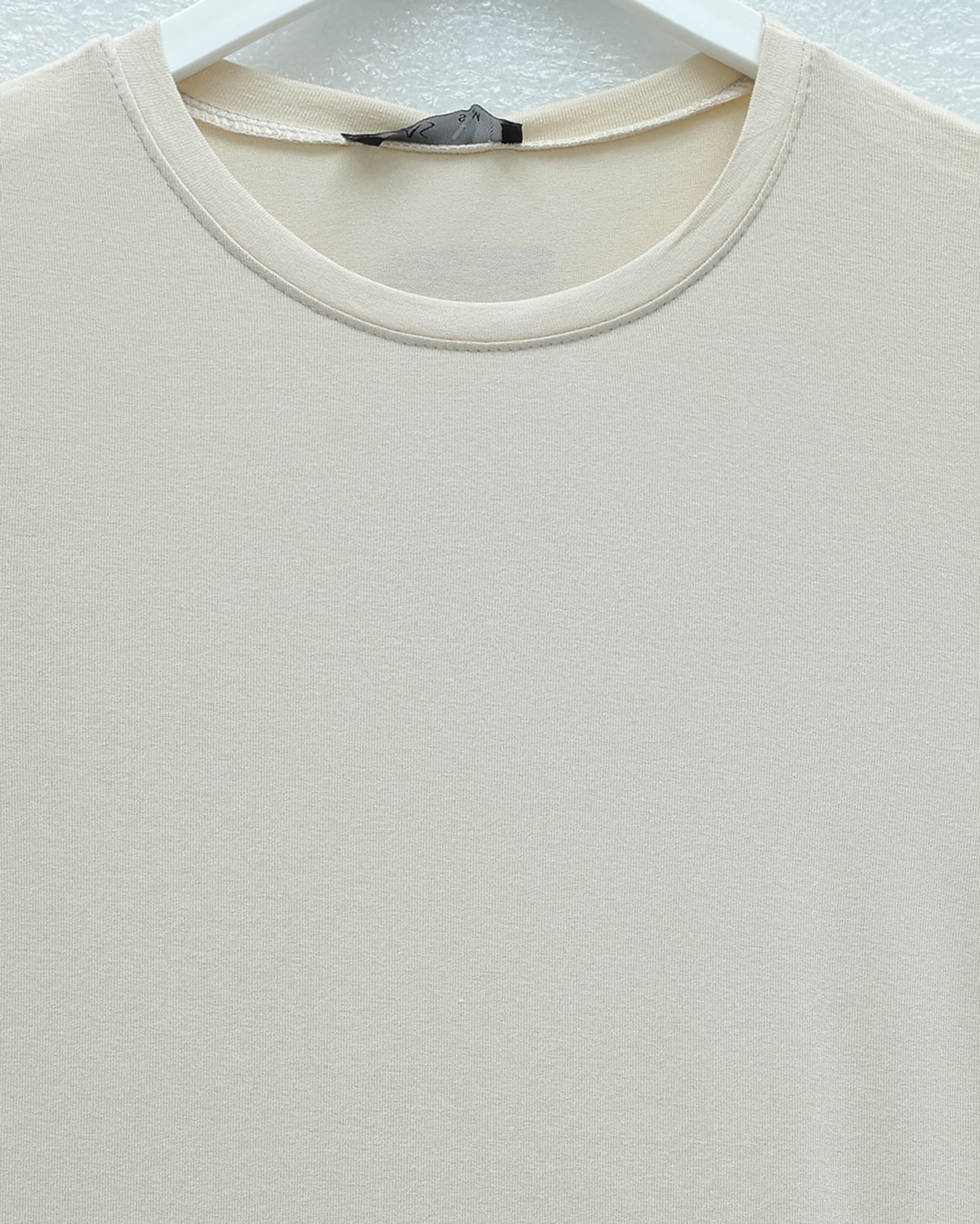 Crew Neck Short Sleeve Ribbed Knit T-Shirt - Beige - Podyumplus - by Peralane - photo 3