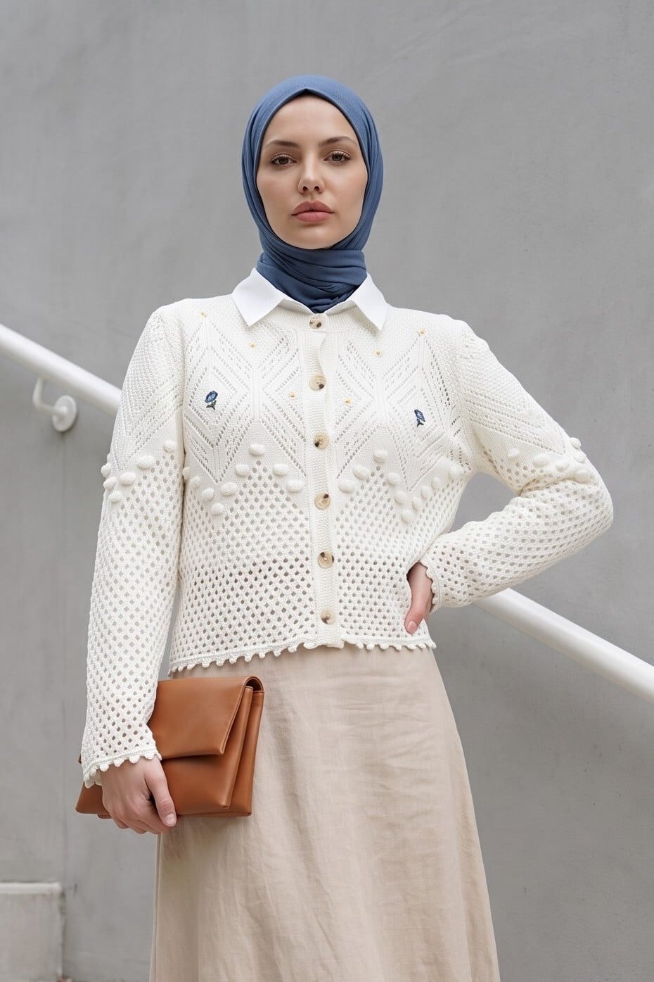 Embroidered Flower Button Knit Cardigan - Ecru - Podyumplus - by Peralane