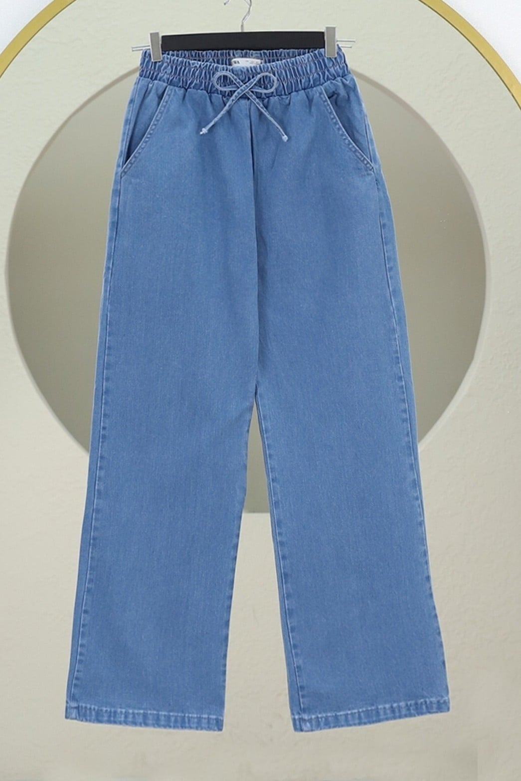Wide Leg Denim Trousers with Elastic Waistband - Blue - Podyumplus - by Peralane - photo 6