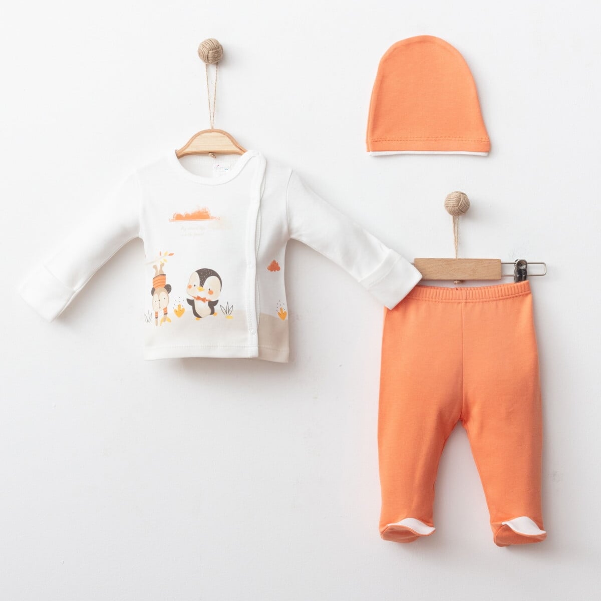 Baby Boy 3-Piece Newborn Set 0-3M Orange and White Penguin Print - Gumus Baby - by Peralane