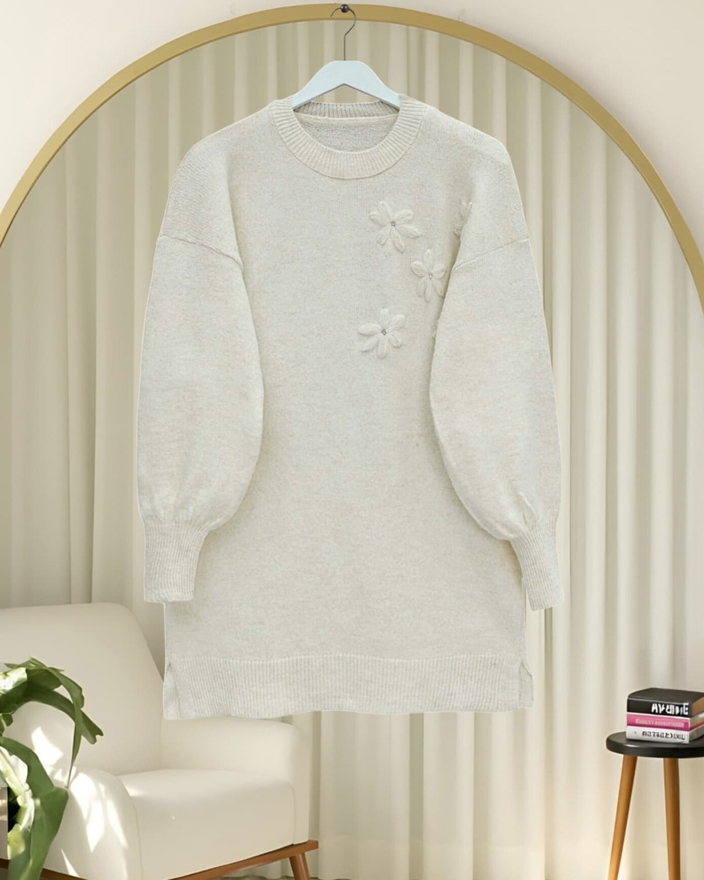 Crew Neck Floral Embroidered Knit Sweater - Ecru - Podyumplus - by Peralane - photo 2