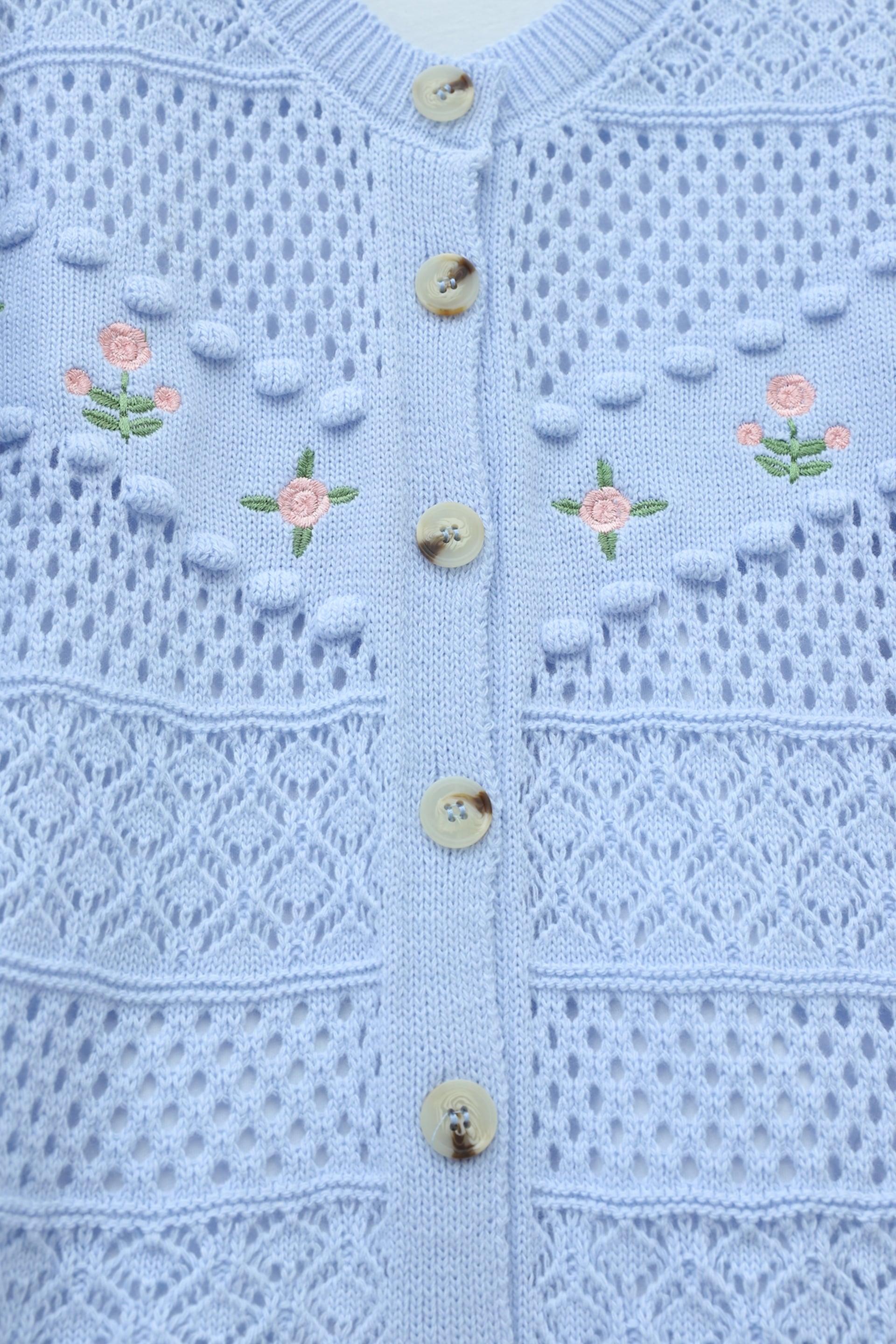 Flower Embroidered Pom-Pom Button Knit Cardigan - Baby Blue - Podyumplus - by Peralane - photo 4