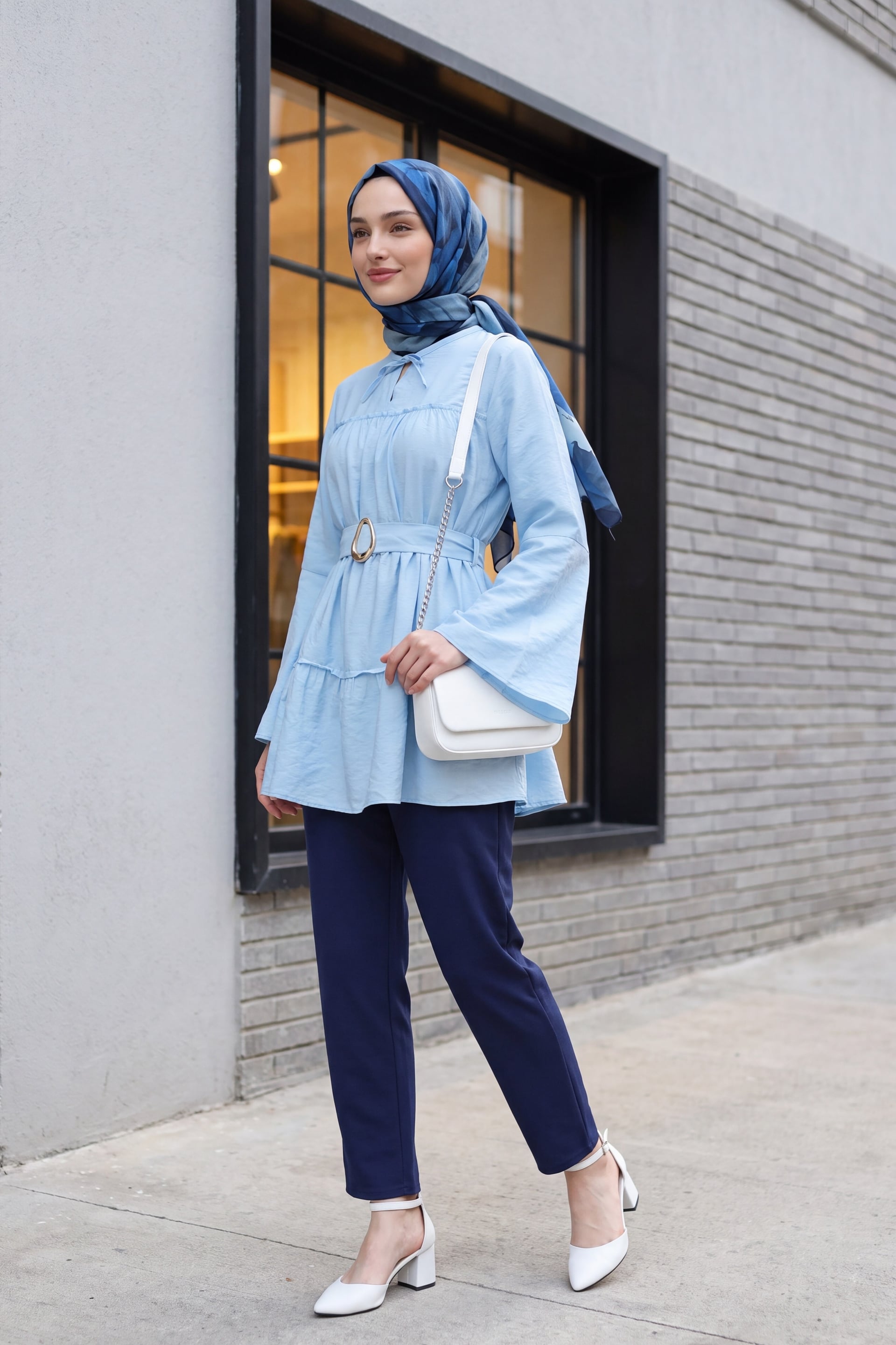 Belted Tie-Neck Tiered Poliviscose Tunic in Light Blue - Podyumplus - by Peralane - photo 2