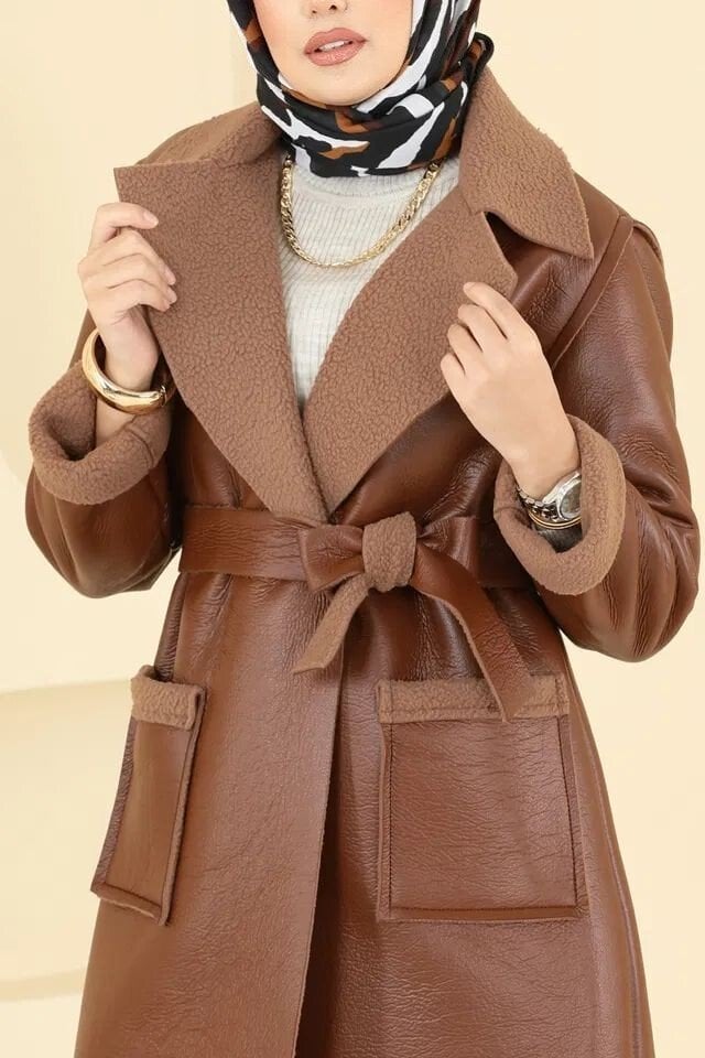 Belted Double-Pocket Faux Fur Lined Coat - Tan - Podyumplus - by Peralane