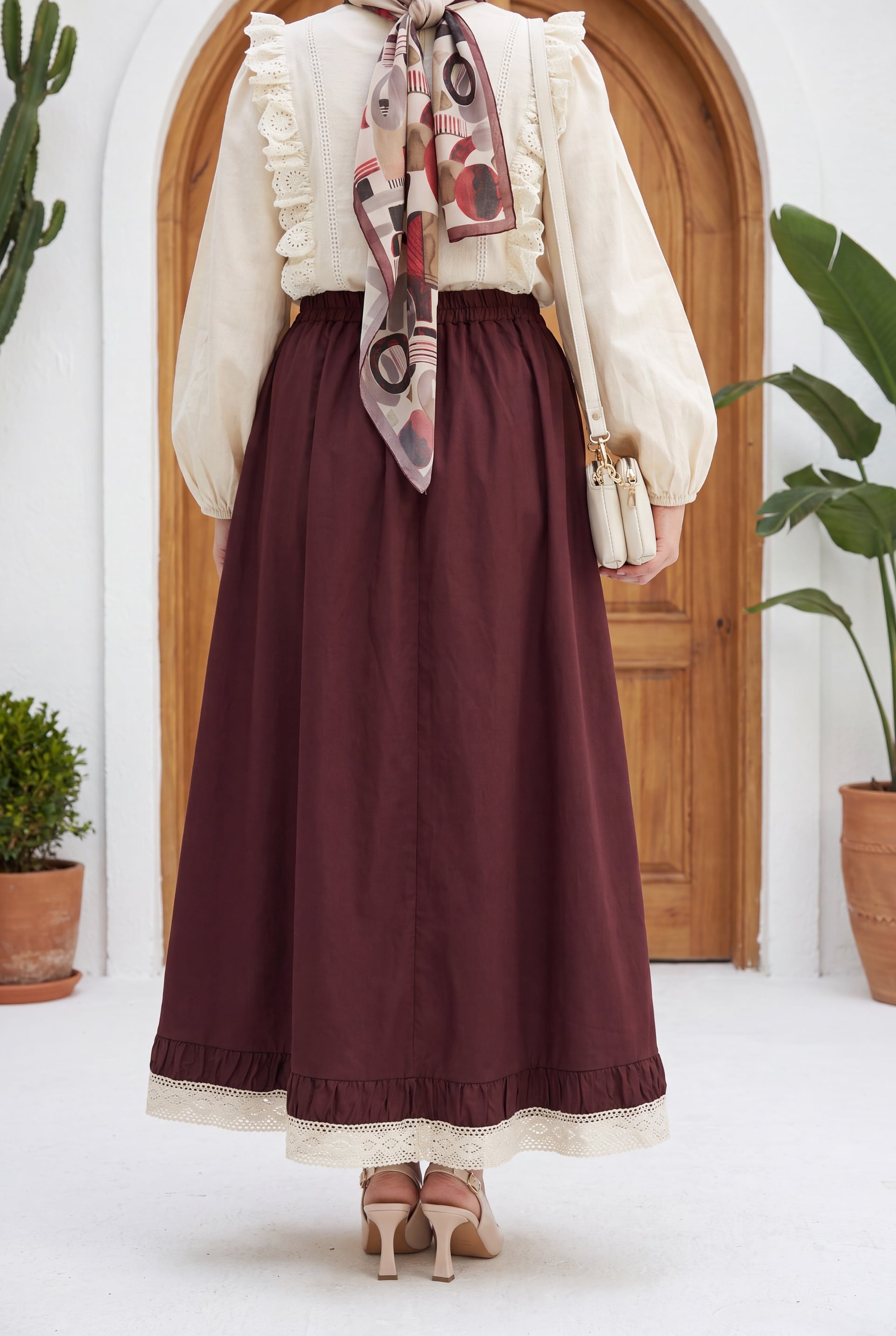 Elasticated Waist Lace Trim Poplin Skirt with Pockets - Burgundy - Podyumplus - by Peralane - photo 2
