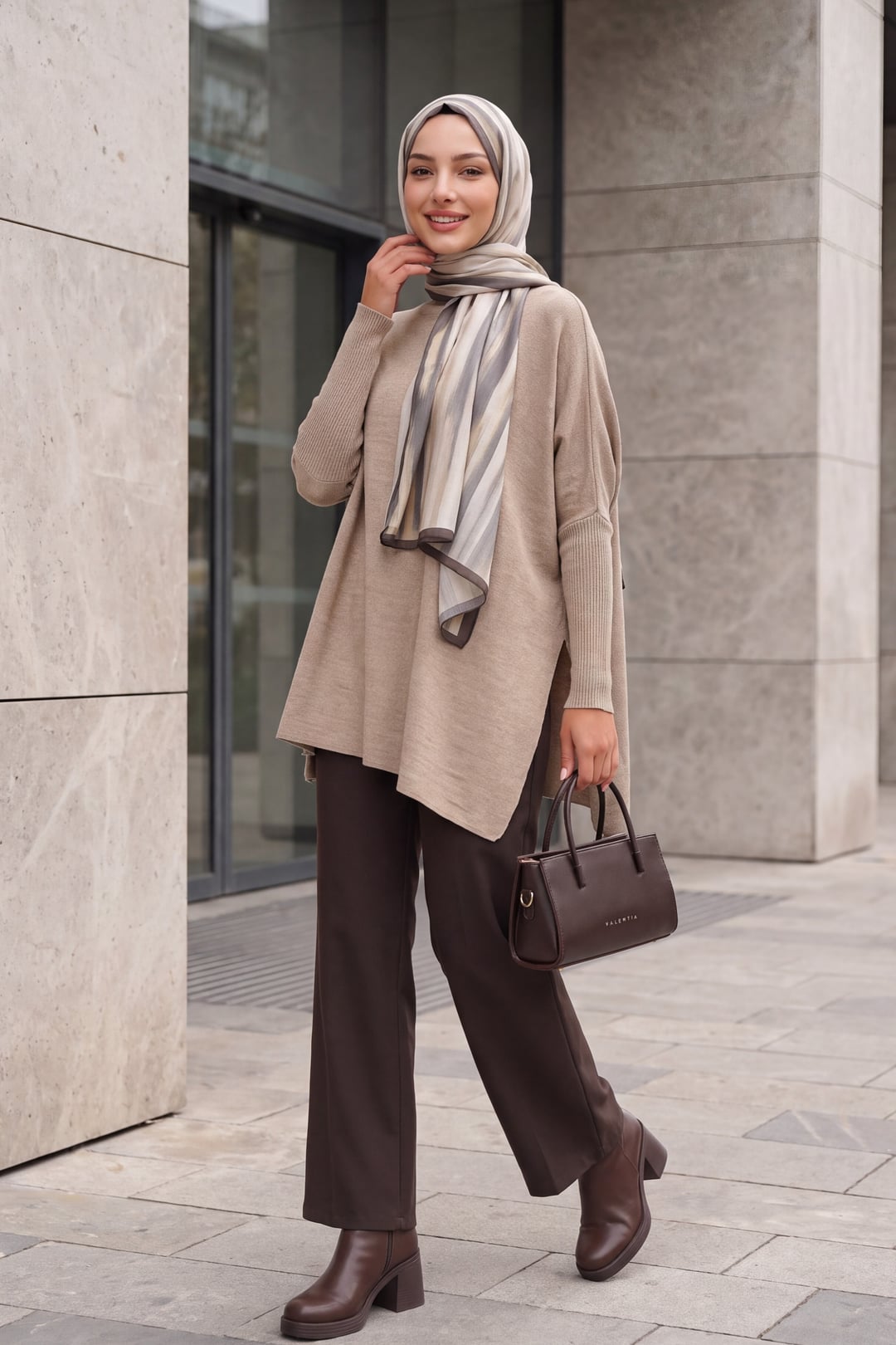 Oversize Pancho Knit Sweater with Side Slits - Light Beige - Bigdart - by Peralane - photo 3