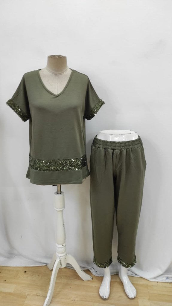 Women's Short-Sleeve V-Neck Sequin Viscose Two-Thread Blouse and Trousers Two-Piece Set - Janes - by Peralane - photo 4