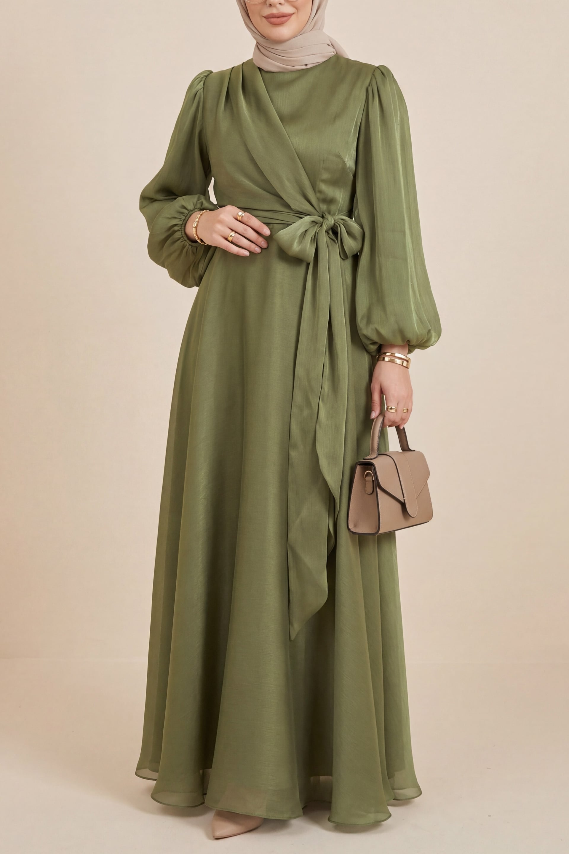 Women's Olive Green Wrap Front Lame Dress with Balloon Sleeves - Podyumplus - by Peralane - photo 2