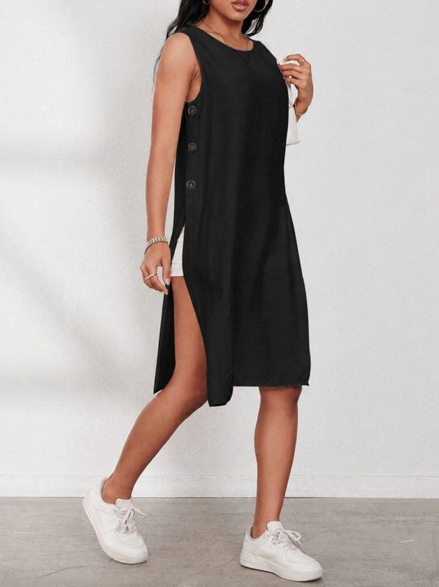 Women's Sleeveless Round Neck Side-Button Short Dress - Janes - by Peralane - photo 3