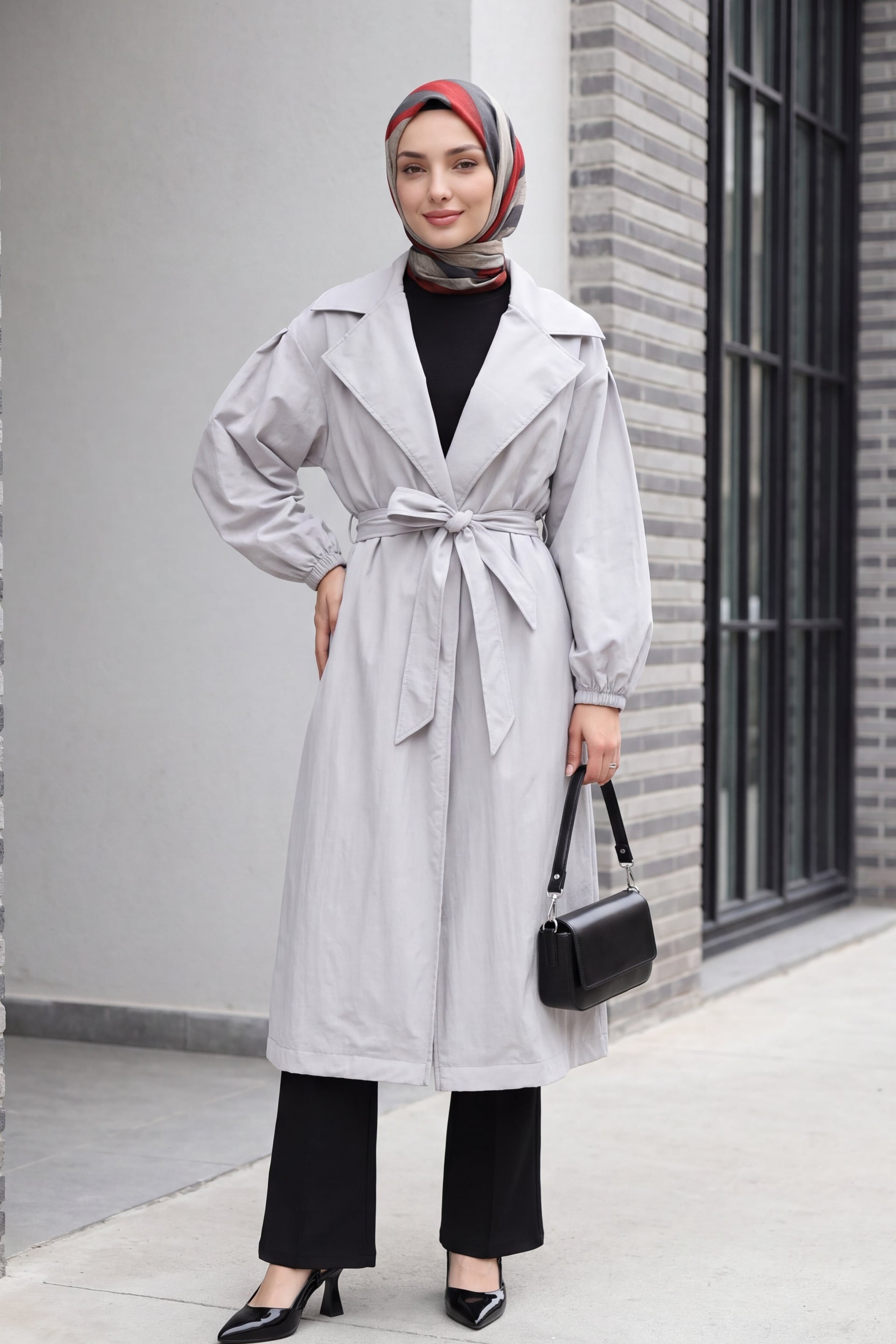 Light Grey Belted Lined Trench Coat with Elastic Cuffs - Podyumplus - by Peralane - photo 3