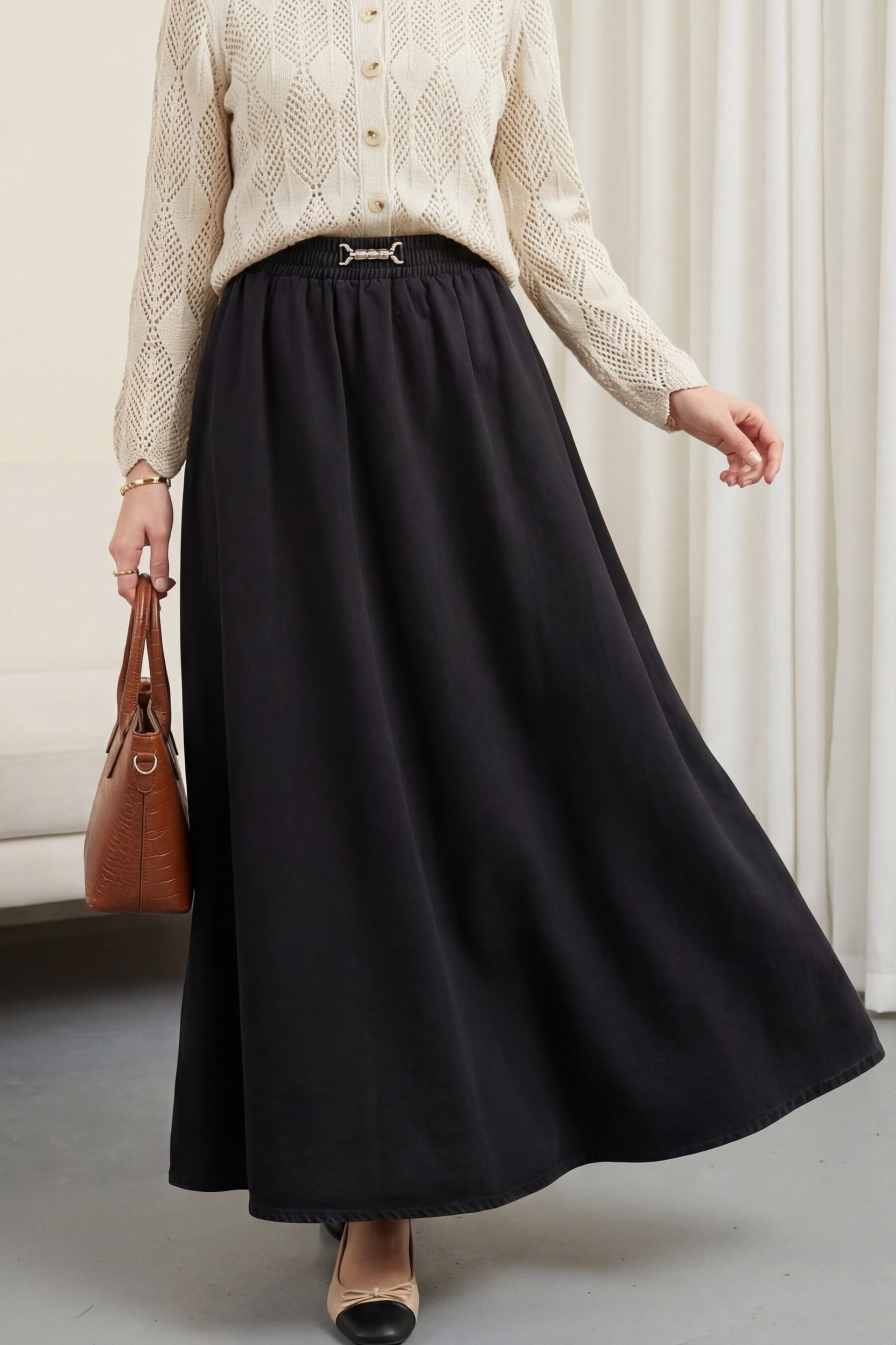 Black Elastic Waist Denim-Style Maxi Skirt with Buckle Detail - Podyumplus - by Peralane