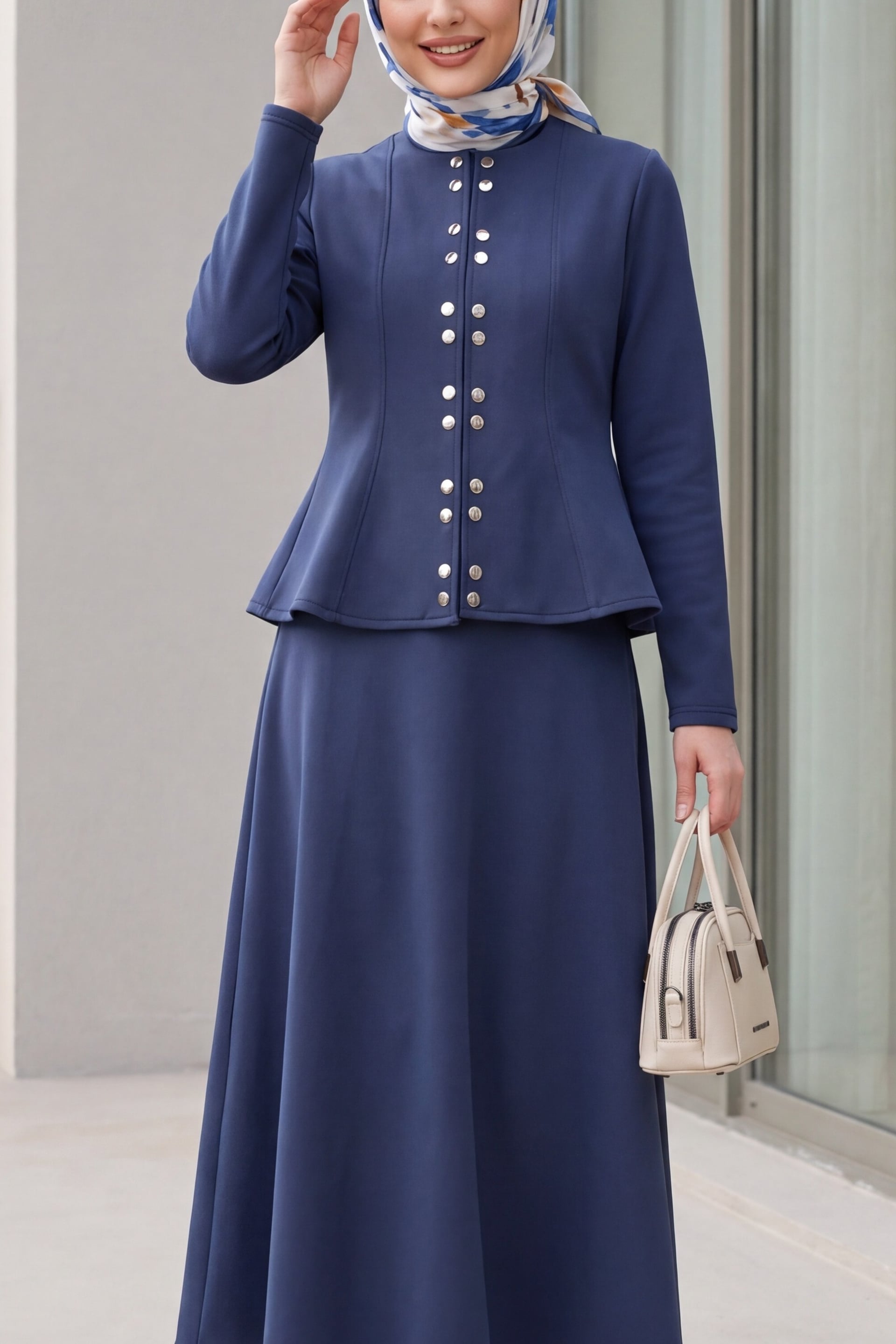 Scuba Two-Piece Set with Double-Snap Peplum Jacket and Flounced Midi Skirt - Navy - Podyumplus - by Peralane