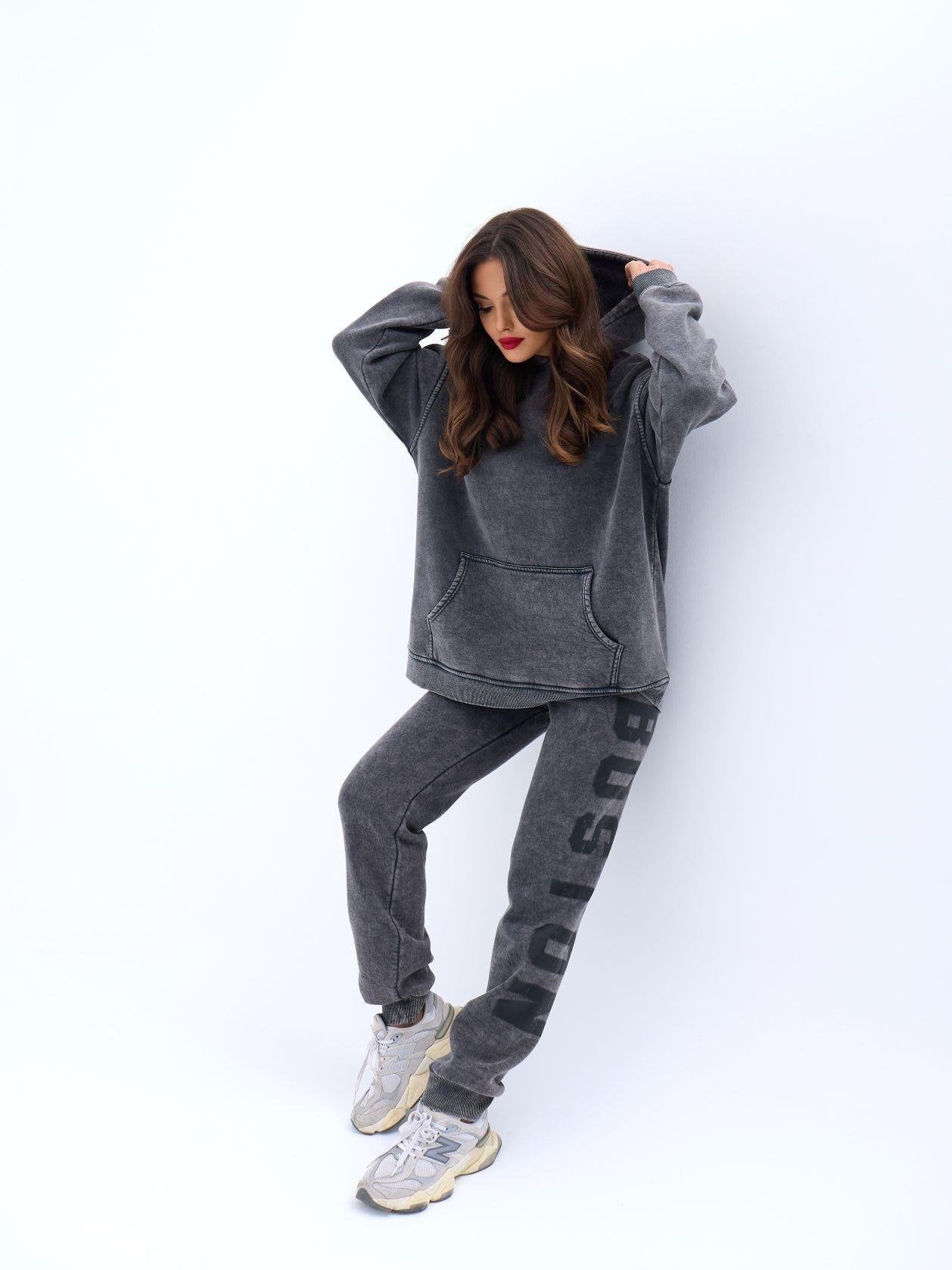 Washed Charcoal Grey Cotton Hoodie and Trousers Tracksuit Set - Fame - by Peralane - photo 3