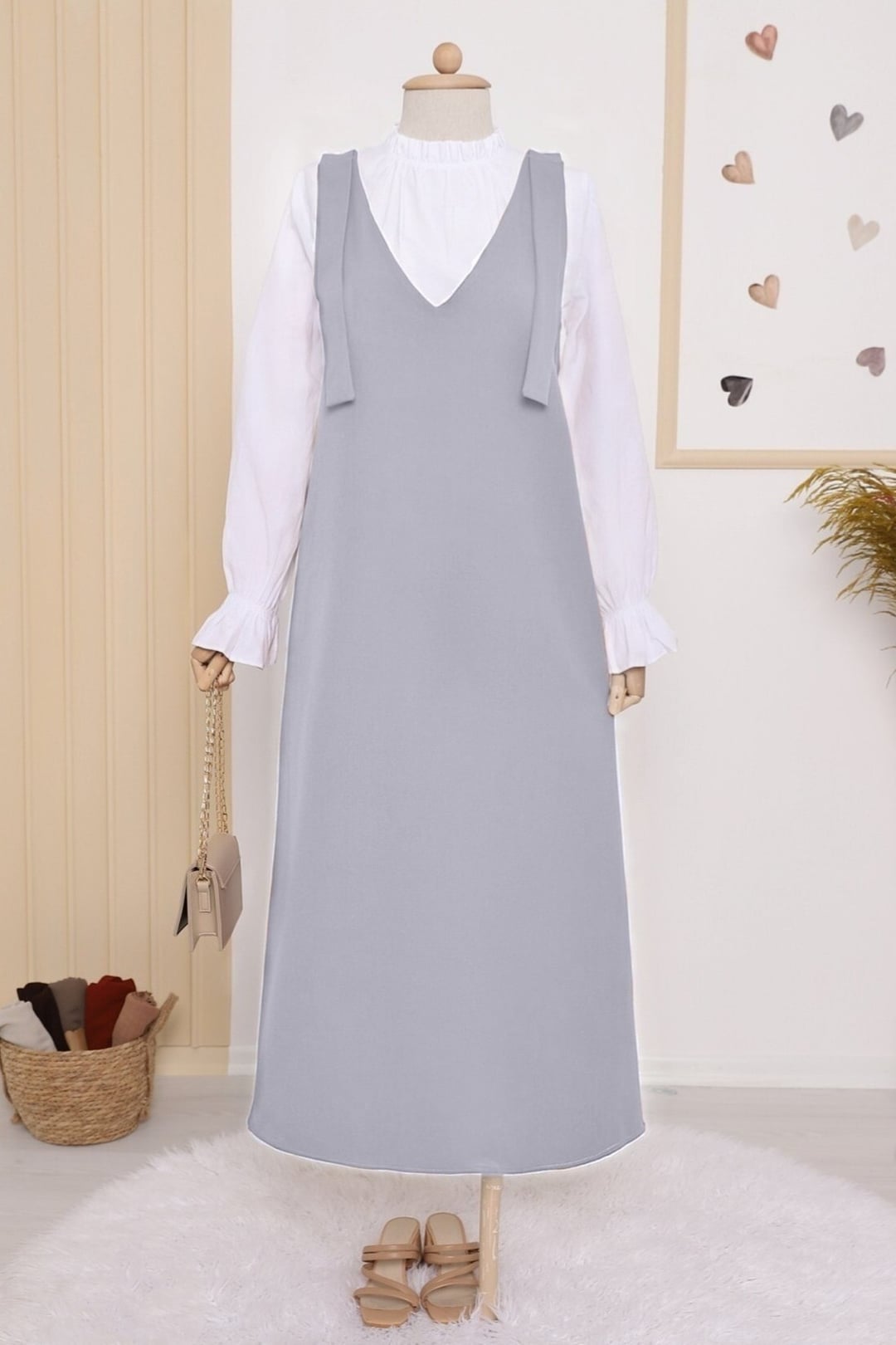Long Pinafore Dress with Tie Shoulder Straps - Grey - Podyumplus - by Peralane - photo 2