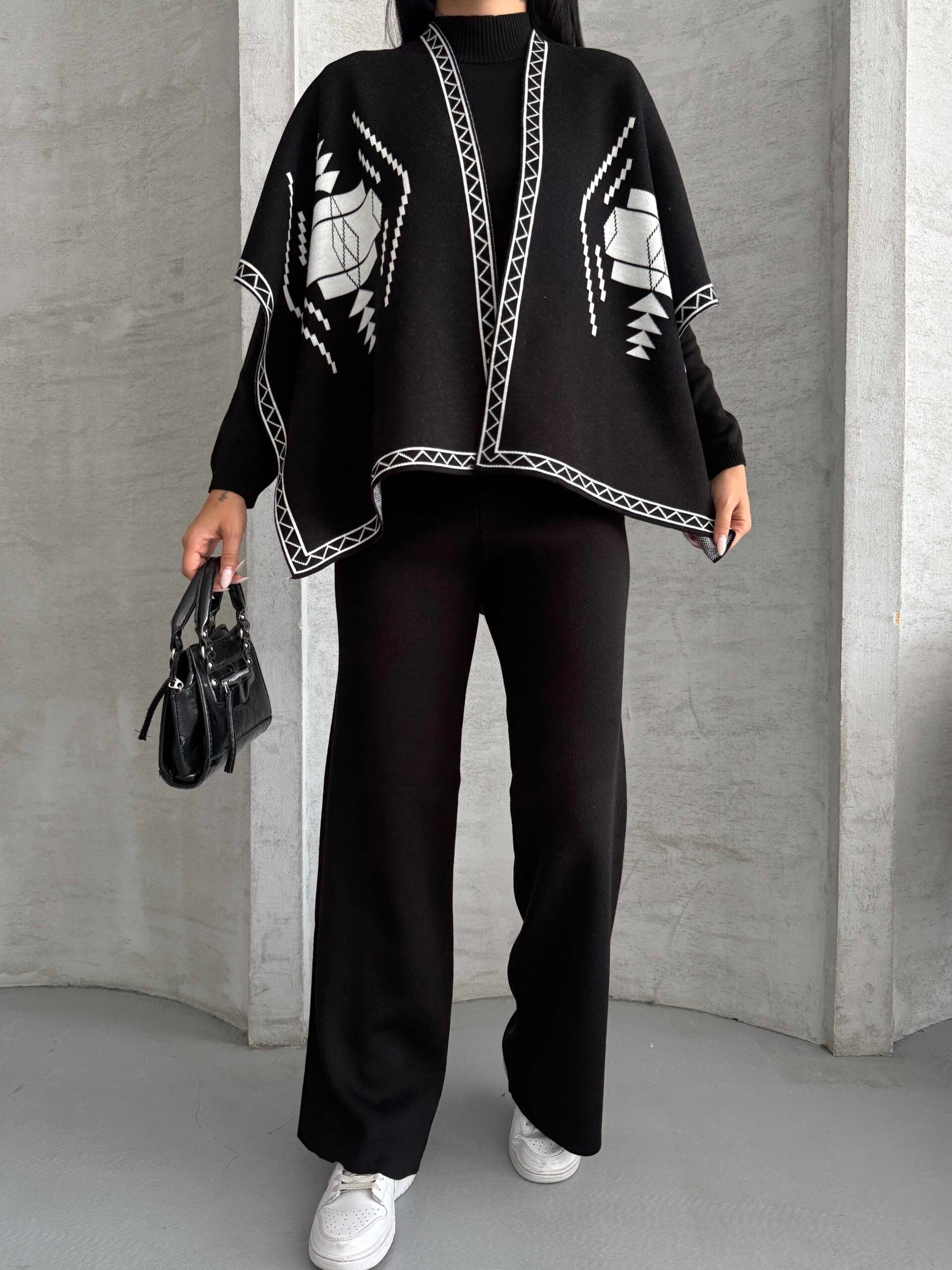 Geometric Pattern Poncho and Trousers Knit Set - My Bee - by Peralane