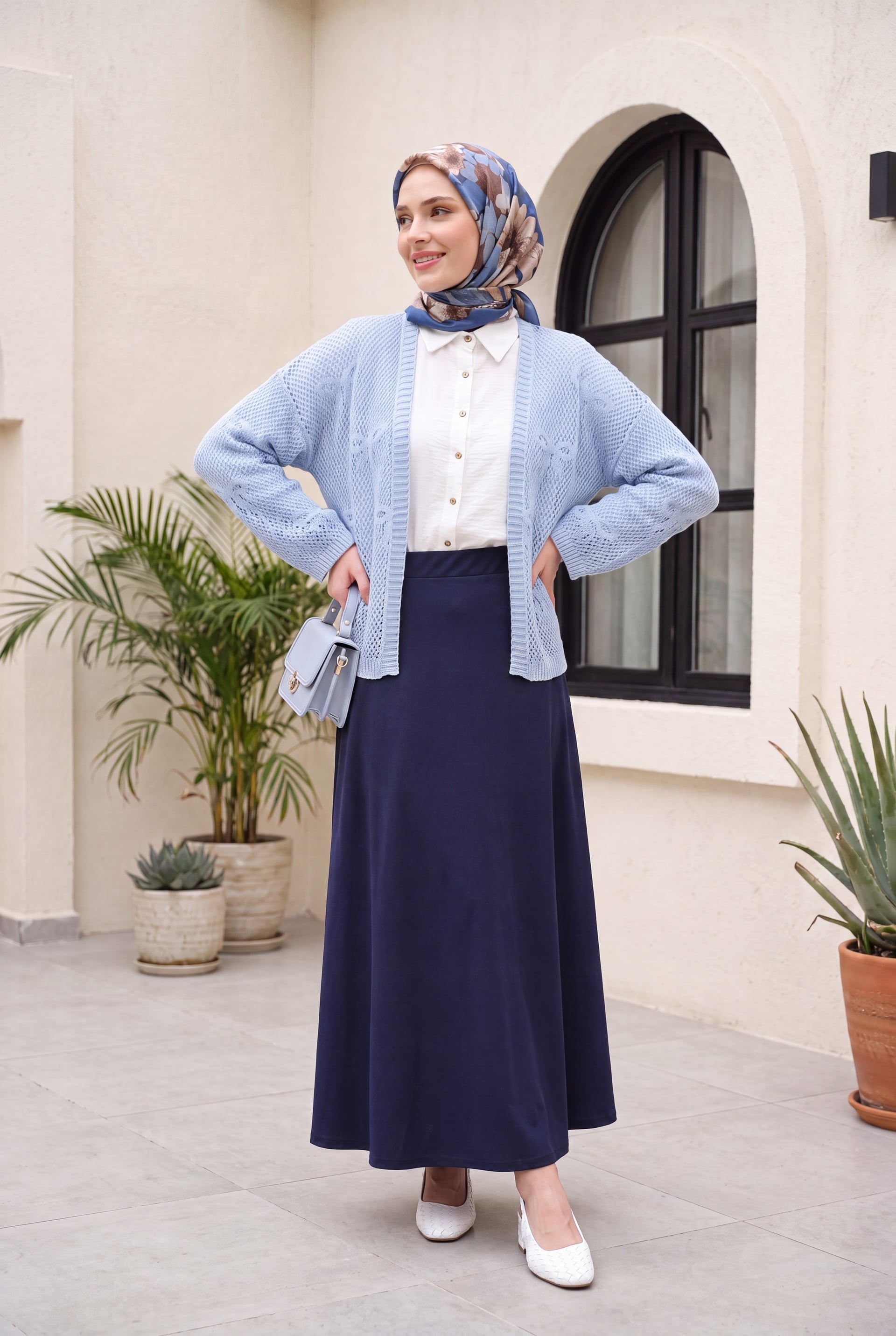 Bow Patterned Open-Knit Cardigan - Baby Blue - Podyumplus - by Peralane - photo 2
