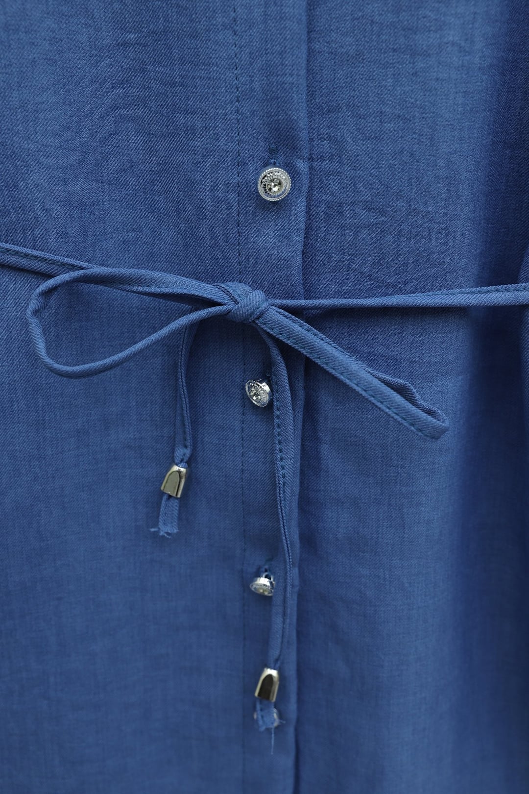 Double-Layer Ruffled Collar Buttoned Tie-Waist Linen Look Tunic - Indigo - Podyumplus - by Peralane - photo 7