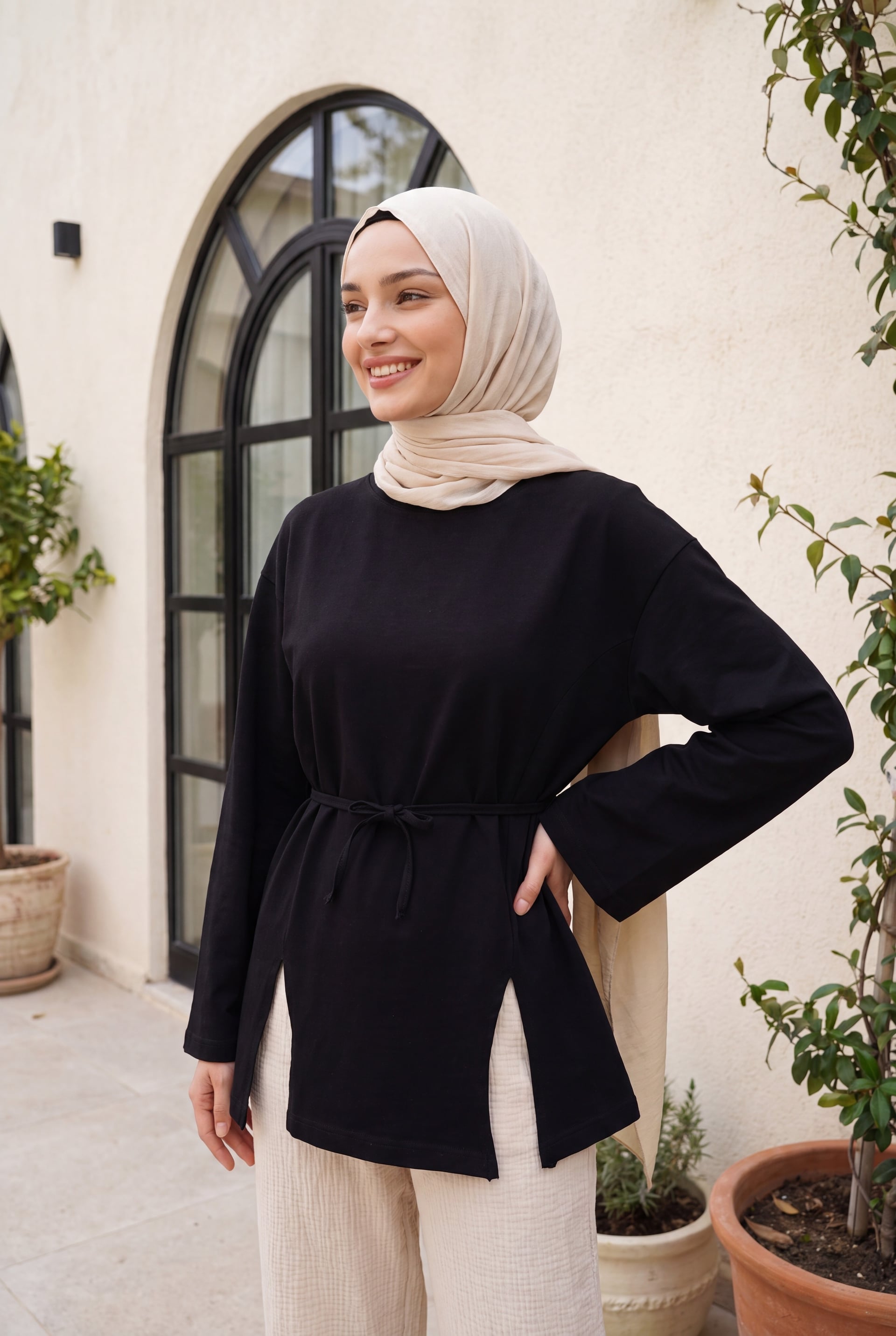 Tie-Waist Slit Jersey Tunic - Black - Podyumplus - by Peralane - photo 6