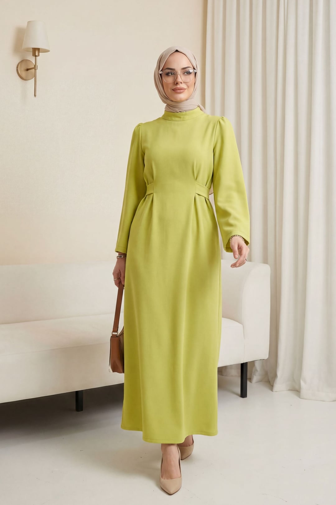 High Neck Belted Long Modest Dress - Lime Green - Podyumplus - by Peralane - photo 4