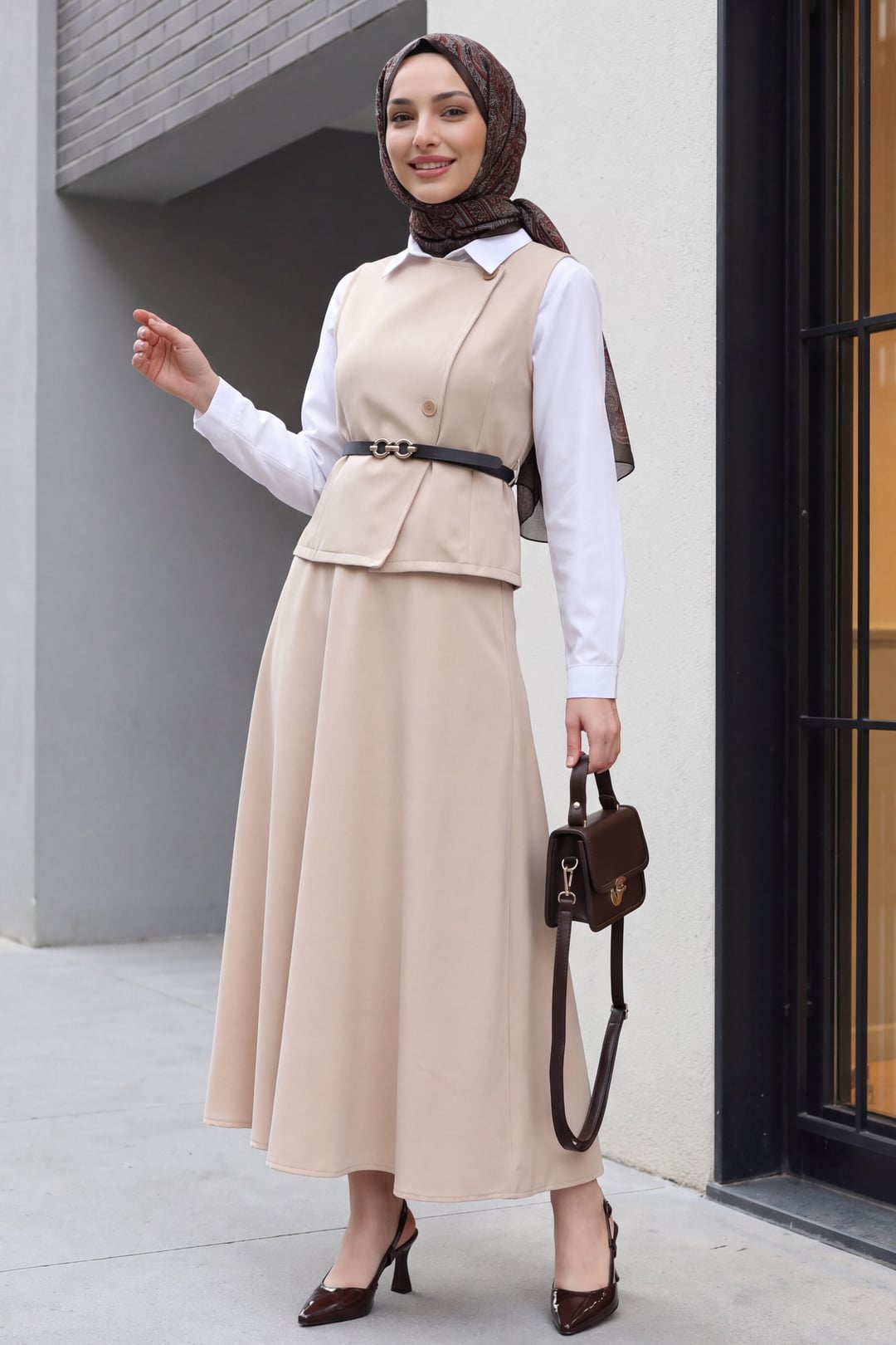 Beige Cross-Button Vest and Skirt Two-Piece Set - Podyumplus - by Peralane