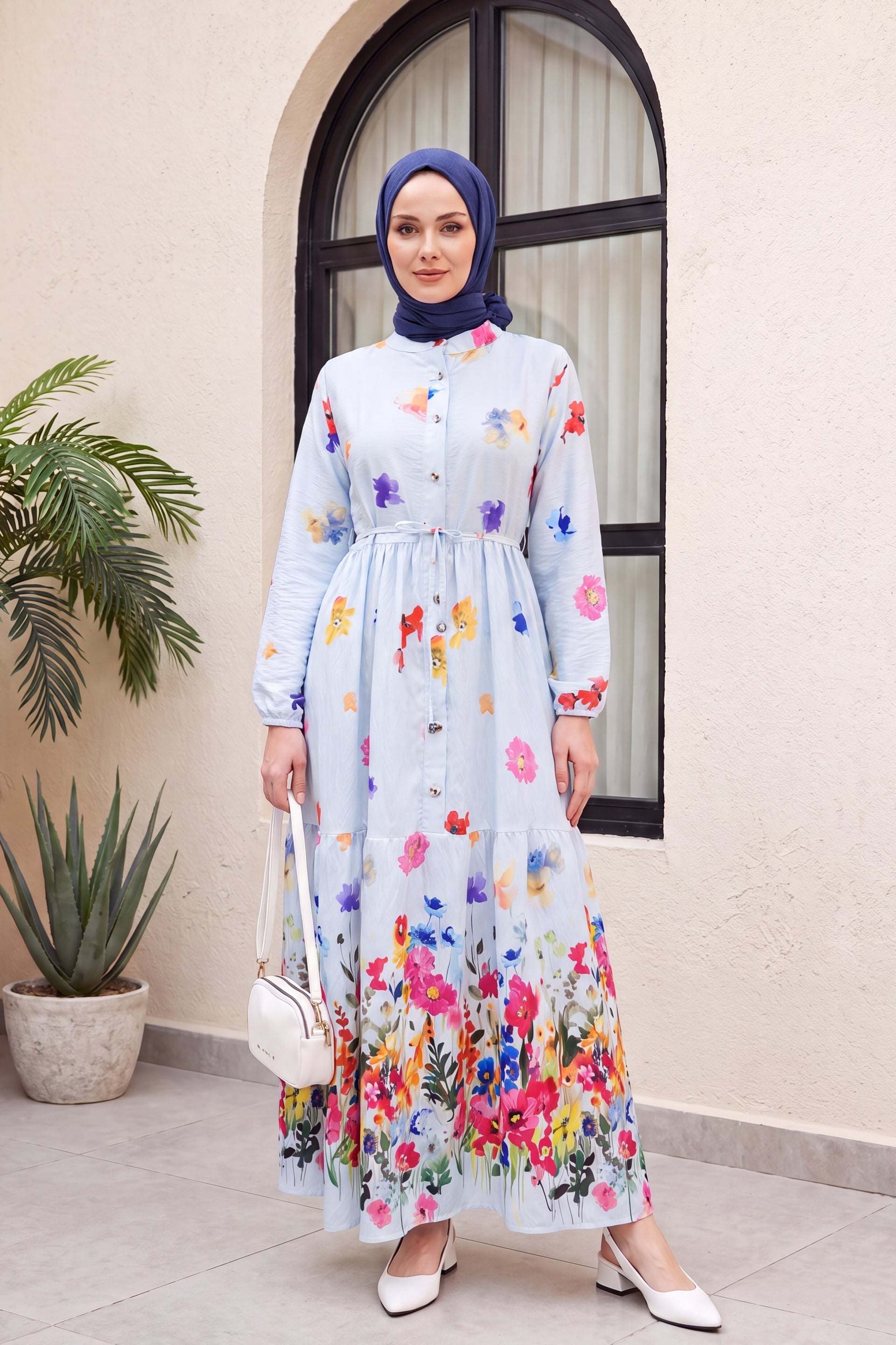 Floral Print Half-Button Belted Midi Dress with Elasticated Cuffs - Light Blue - Podyumplus - by Peralane