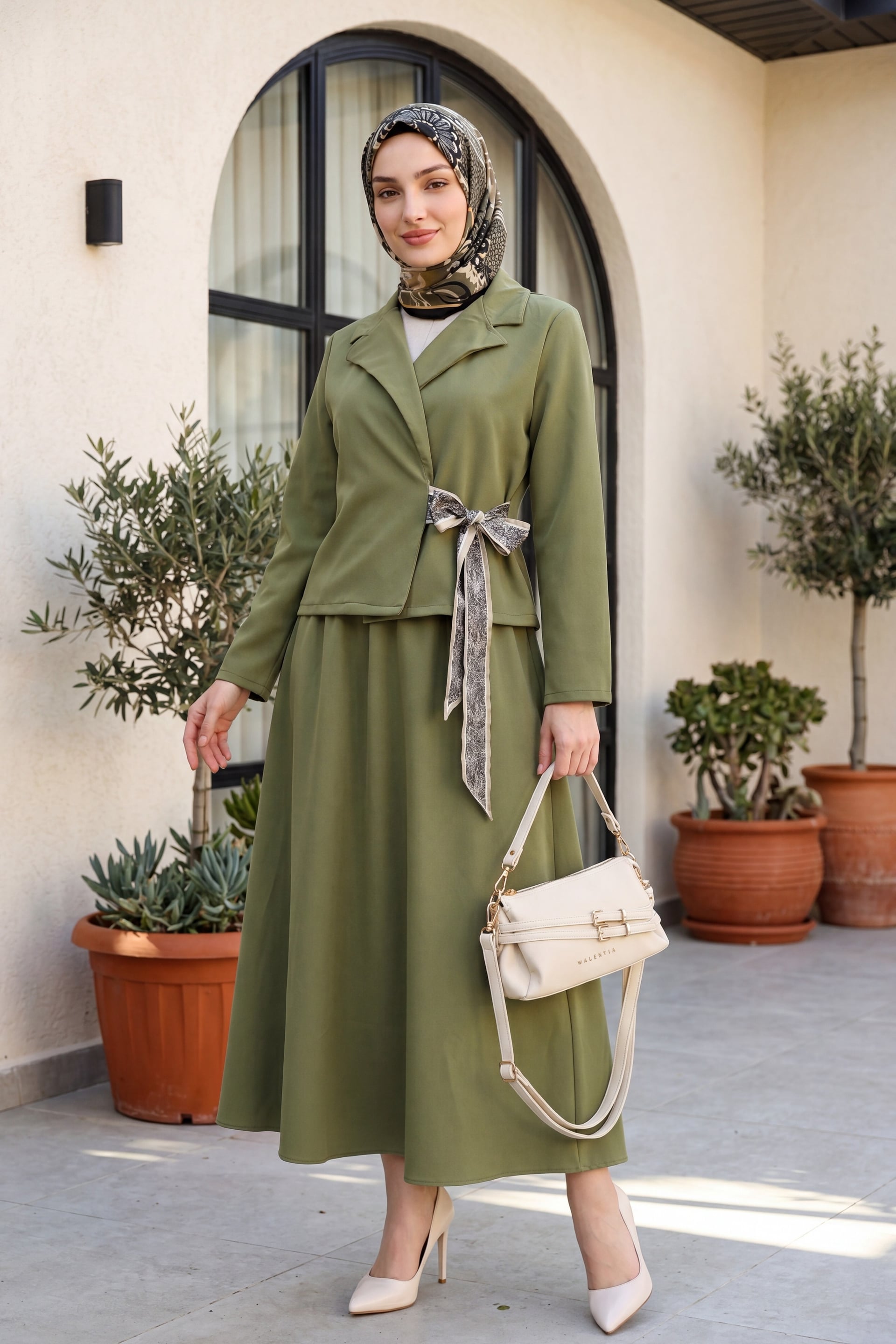 Olive Green Two-Piece Modest Set with Jacket and Skirt - Podyumplus - by Peralane