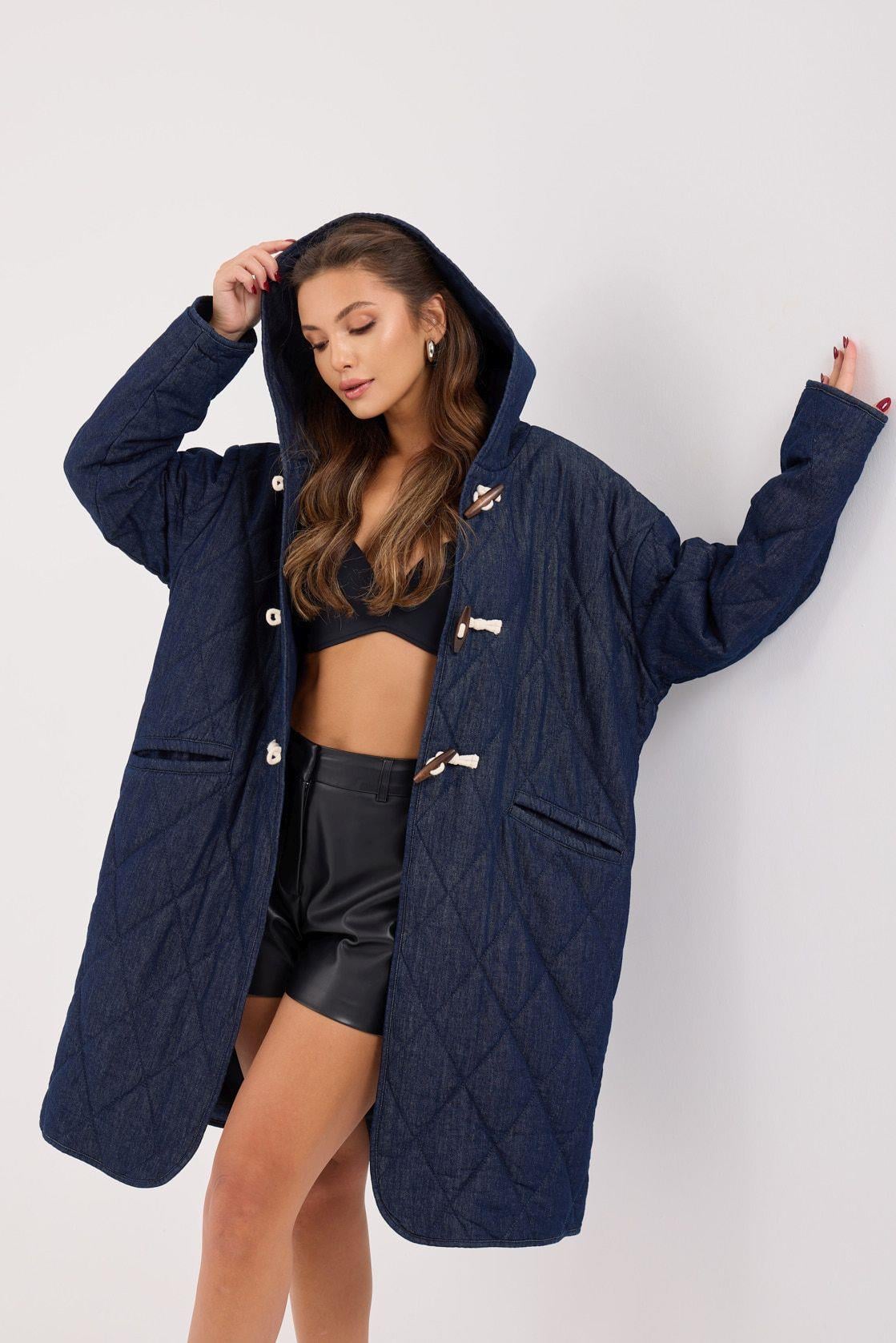Women's Quilted Denim-Style Toggle Coat - Dark Blue - Fame - by Peralane - photo 5